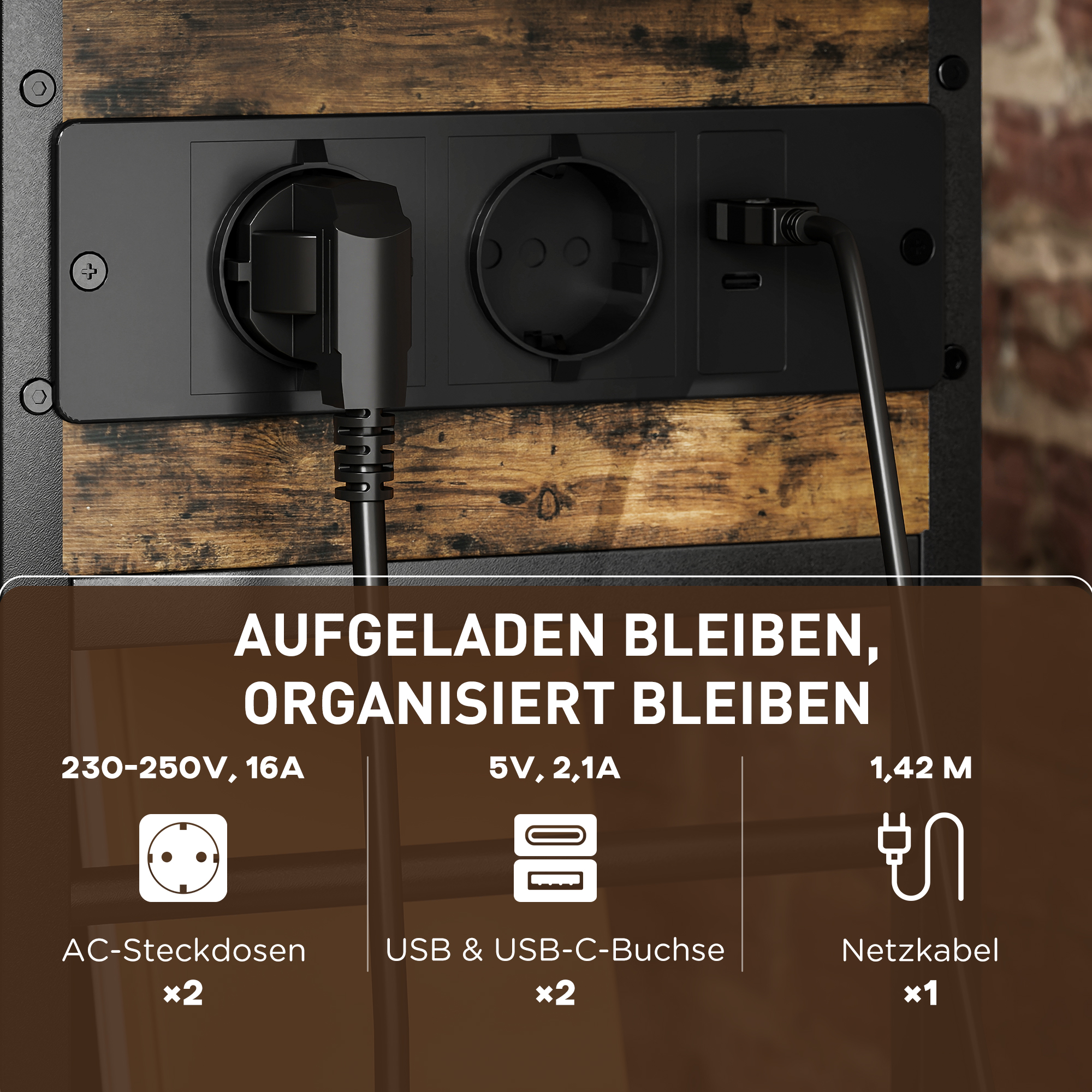 Beistelltisch Nachttisch mit Steckdosenleiste, 2 Ebenen, USB-Anschlüssen Stauraum 60 x 29,8 x 58,5 cm Rustikal Braun