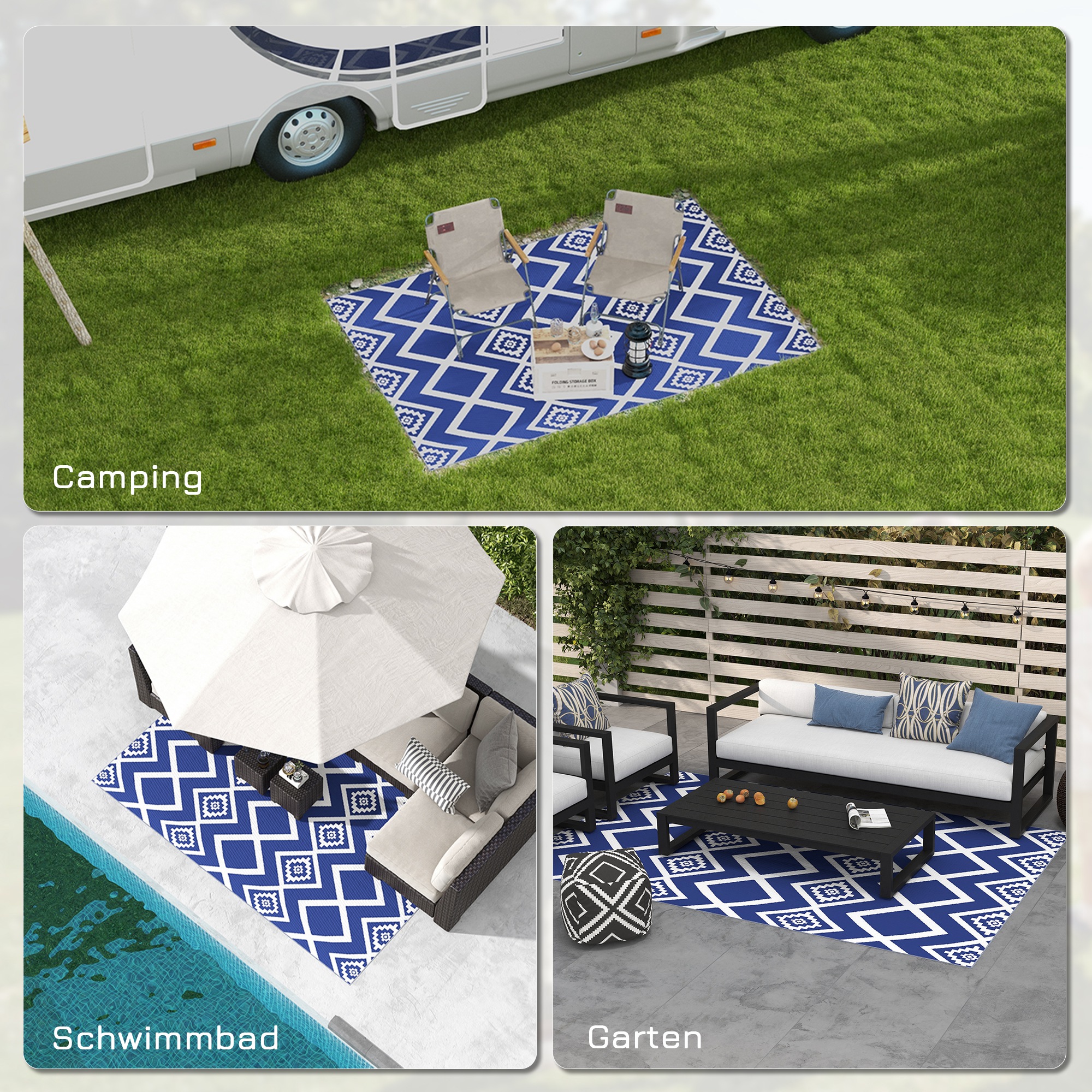 Outdoorteppich Terrassenteppich, wetterbeständig, modernes Design, 182 cm x 274 cm x 0,3 cm, Blau + Weiß