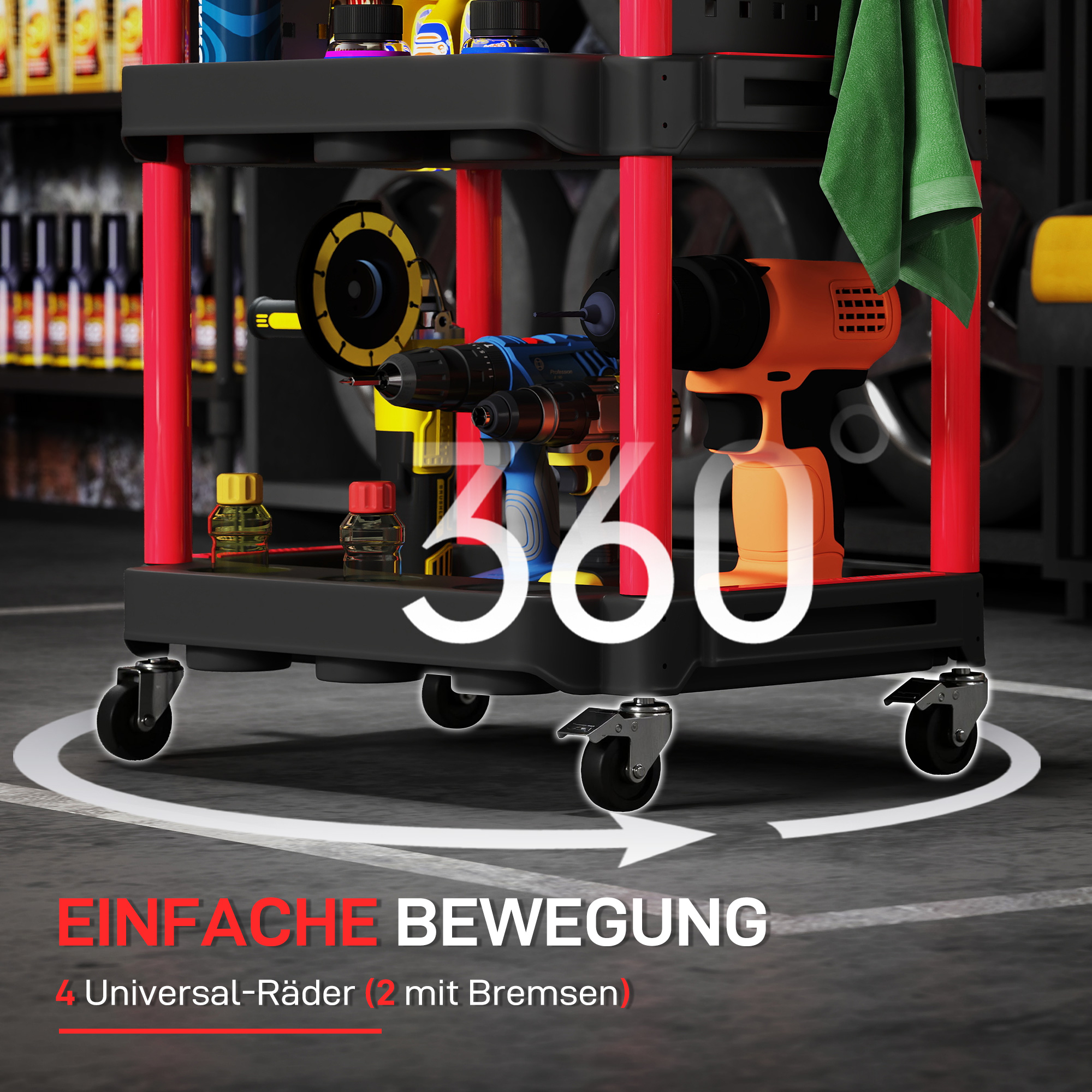 Werkzeugwagen, dreistufige Regale, 4 Räder, Kunststoff, 10 Haken, Rot