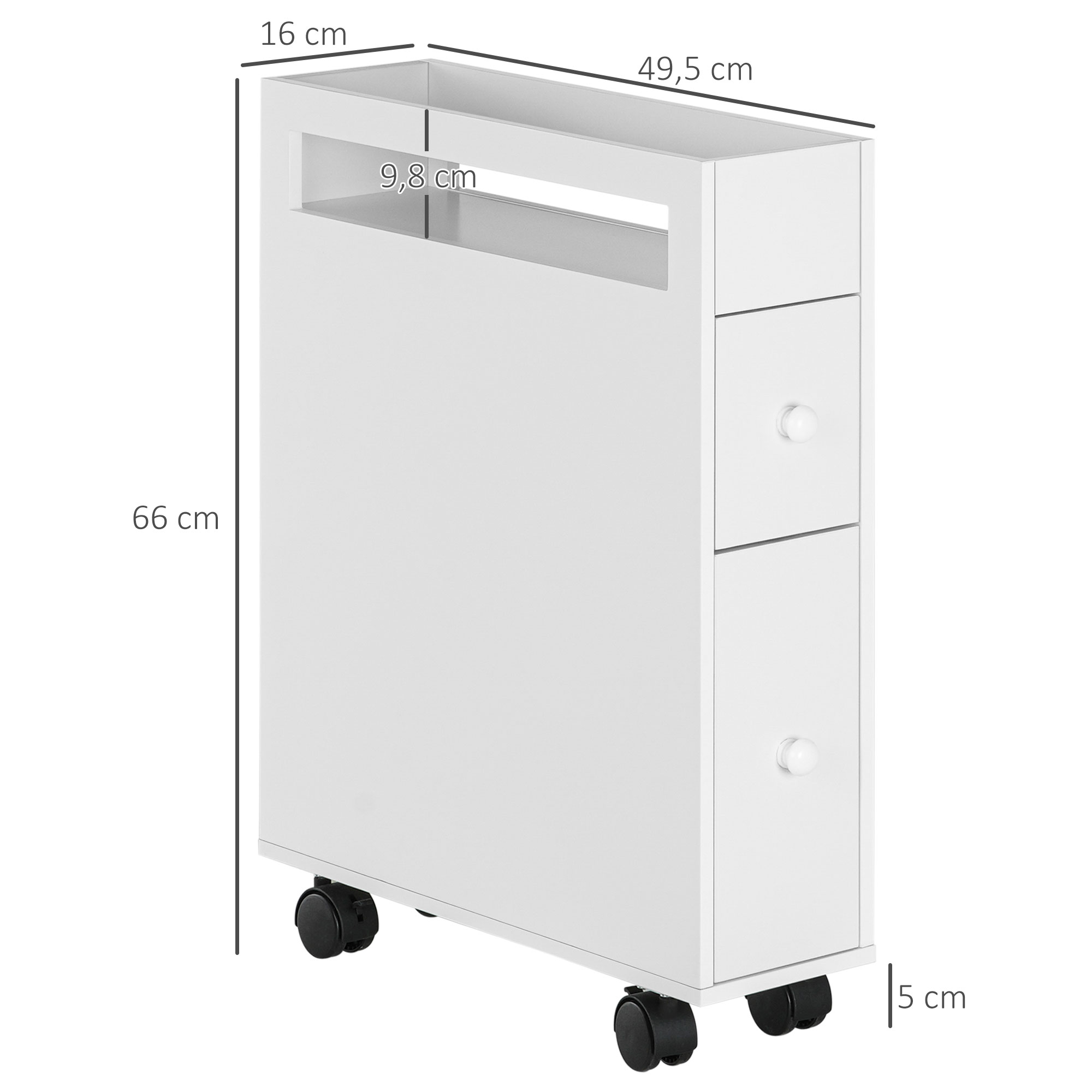 Nischenwagen Badschrank Rollschrank, schmales Design, zwei Schubladen, vier Räder, weiß, 16 x 49,5 x 66 cm