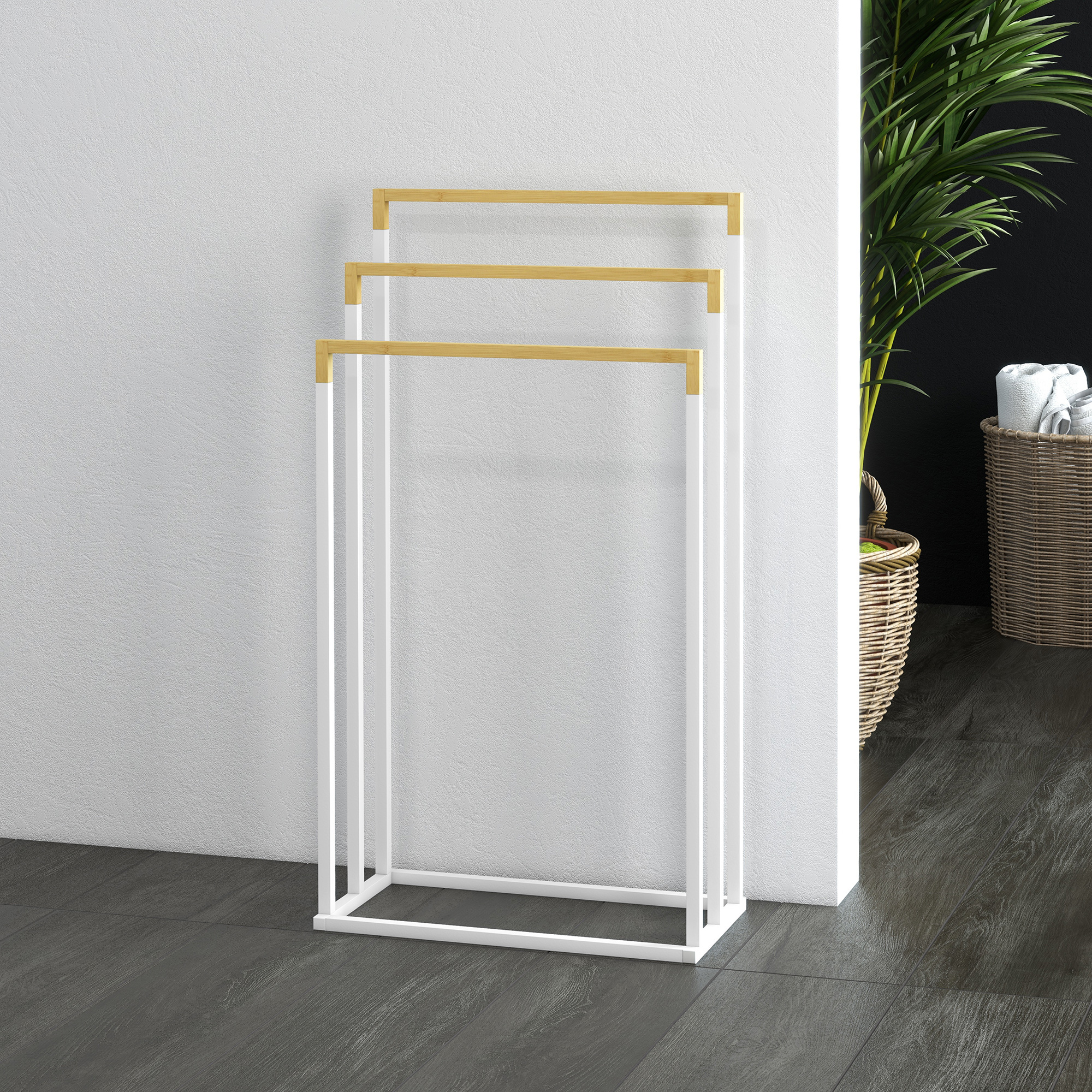 Handtuchhalter Handtuchalter-Set 3 Handtuchstangen, Industriedesign, Bambus, 45 x 22,5 x 86 cm, Weiß + Natur