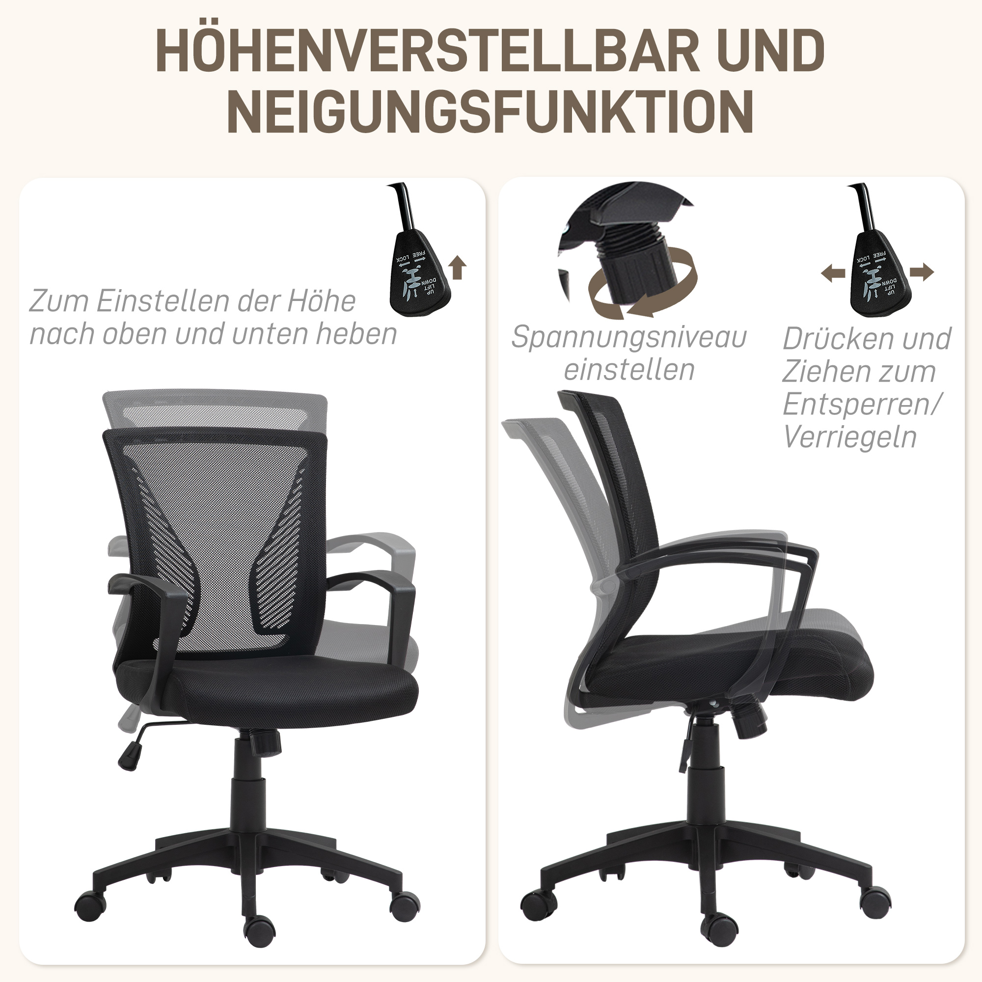 Bürostuhl mit Mesh-Rückenlehne, höhenverstellbar, bis 120 kg, Schwarz