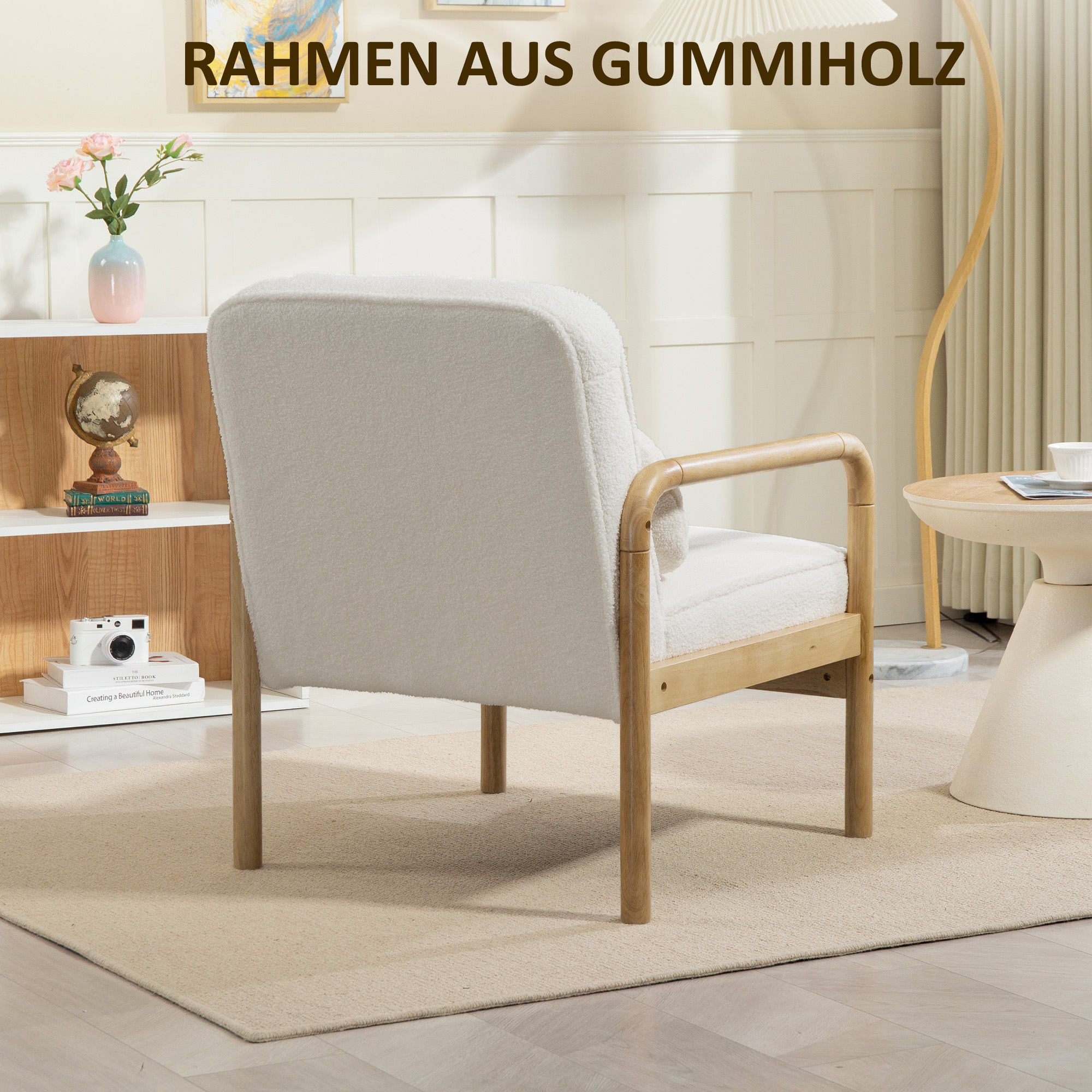 Akzentstuhl, Polsterstuhl mit Stoffbezug, Kautschukholzrahmen, Moderner Stuhl mit Kissen, Weiß