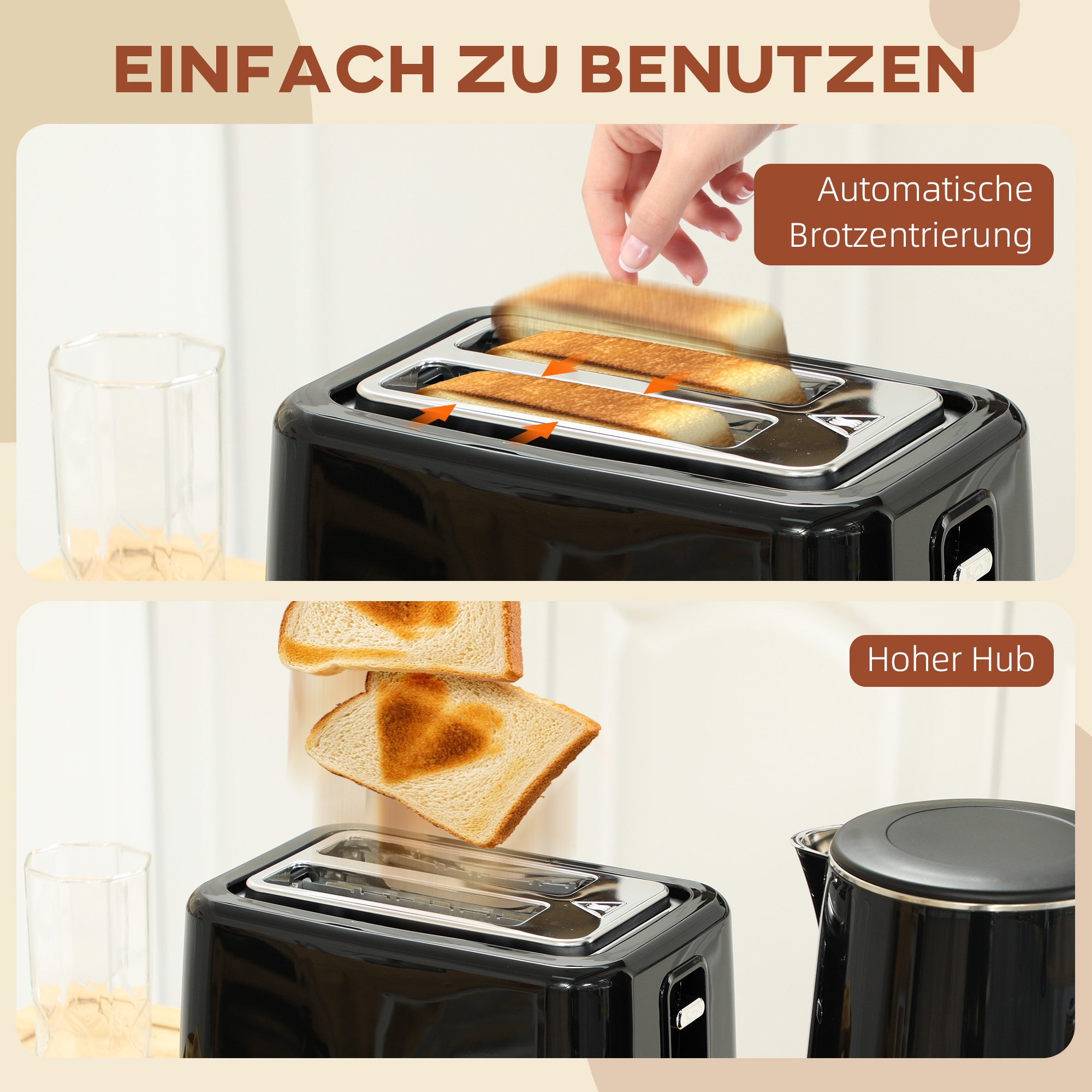 Küchenset mit Wasserkocher und Toaster, 7 Bräunungsstufen, schnelles Kochen, Edelstahl, Kunststoff, Schwarz
