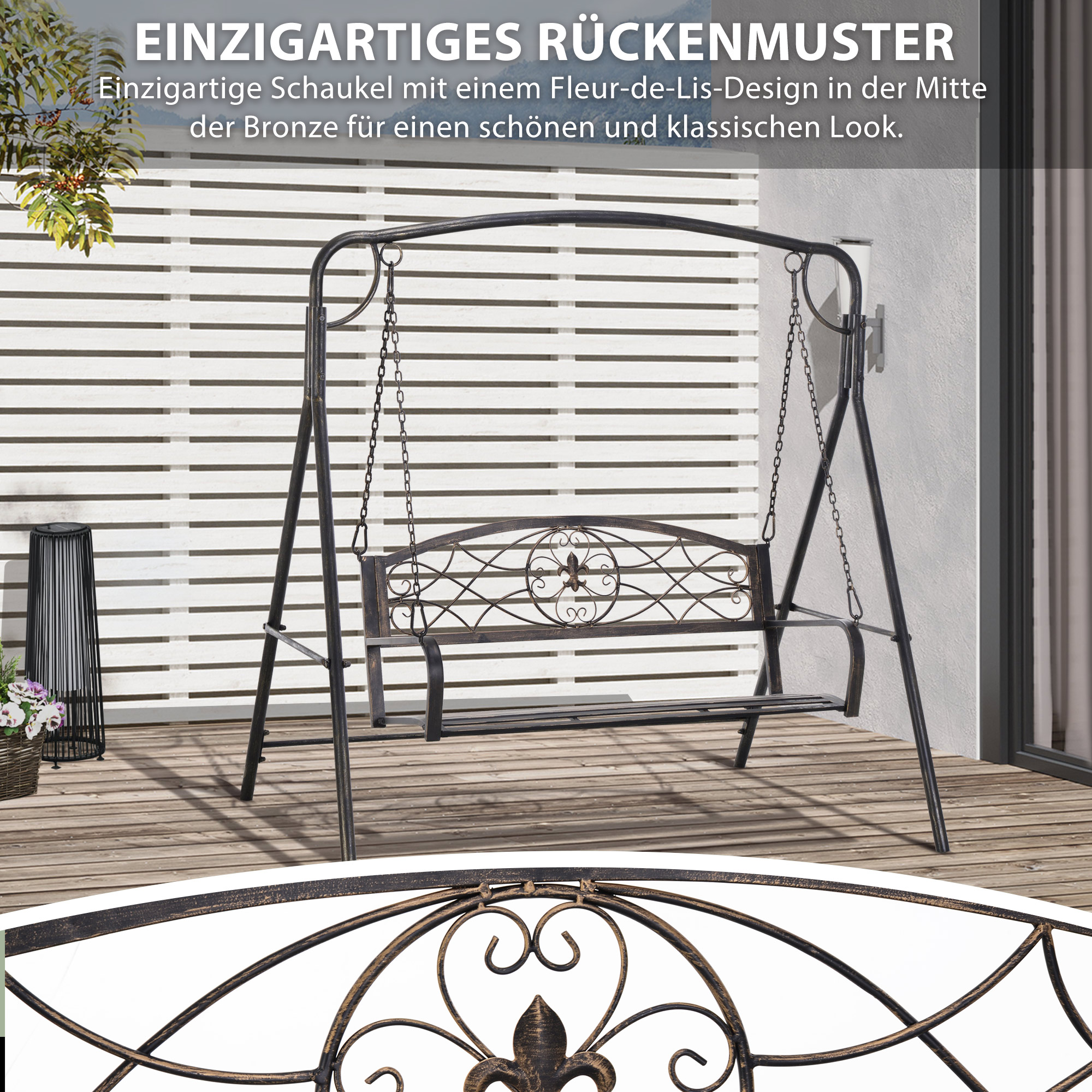 Gartenschaukel Schaukelbank für den Garten Outdoor-Schaukel, Vintage Design, Messing-Optik, 167 cm x1 23 cm x 175cm
