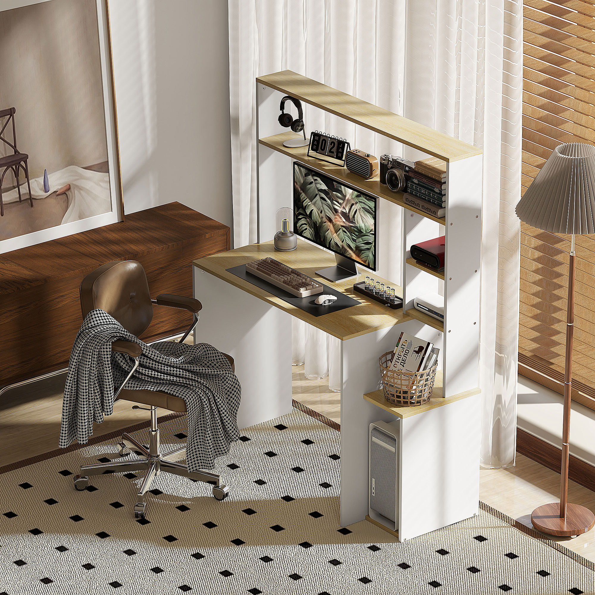 Computertisch, Schreibtisch mit offenen Regalen und Ablagefächern, aus Stahl, Hellbraun+Weiß