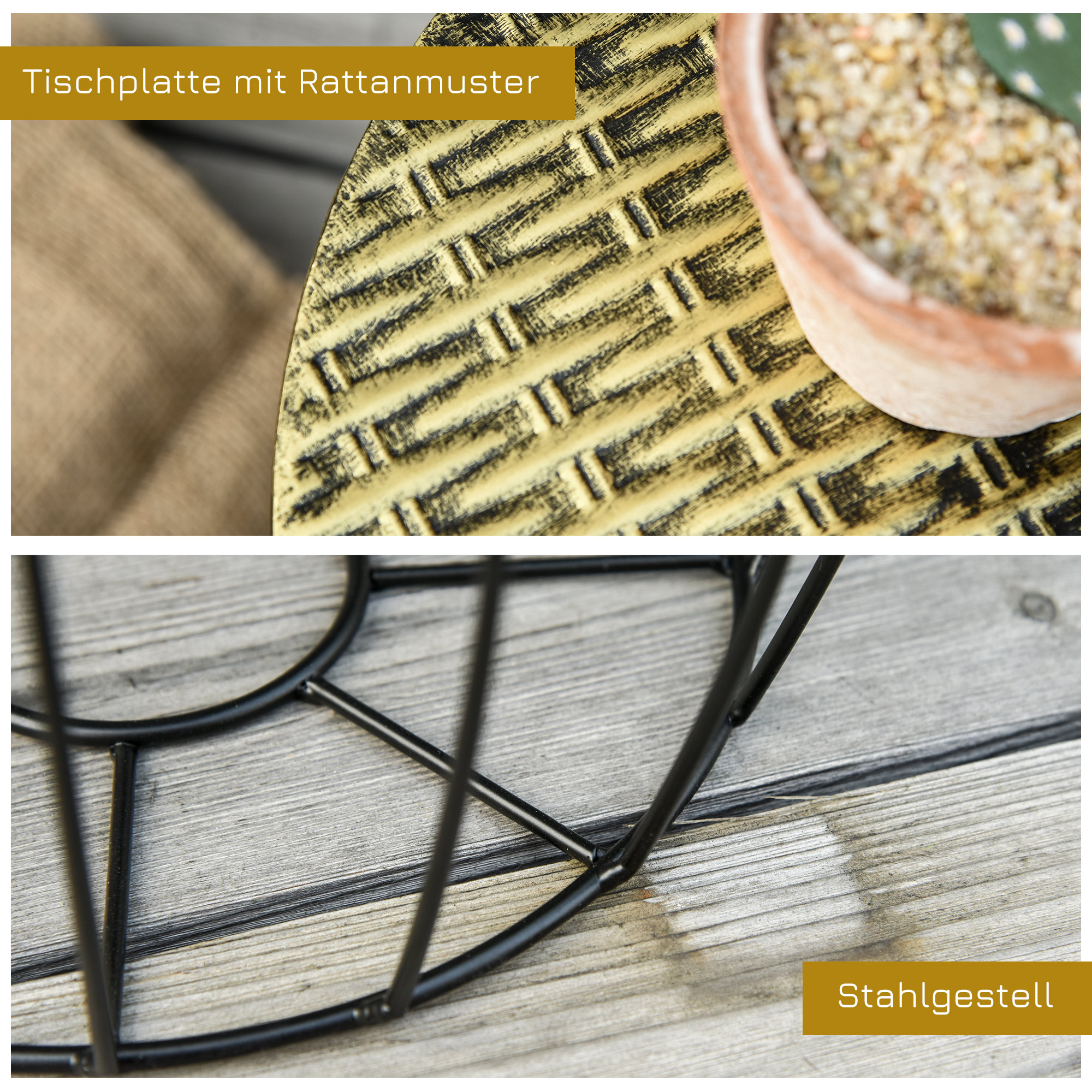 3er-Set Couchtische Beistelltische Gartentisch Retro Metallkorb Drahtkorb Garten Satztisch Gartenmöbel Outdoor Balkon Metall Natur+Schwarz 3 Größen