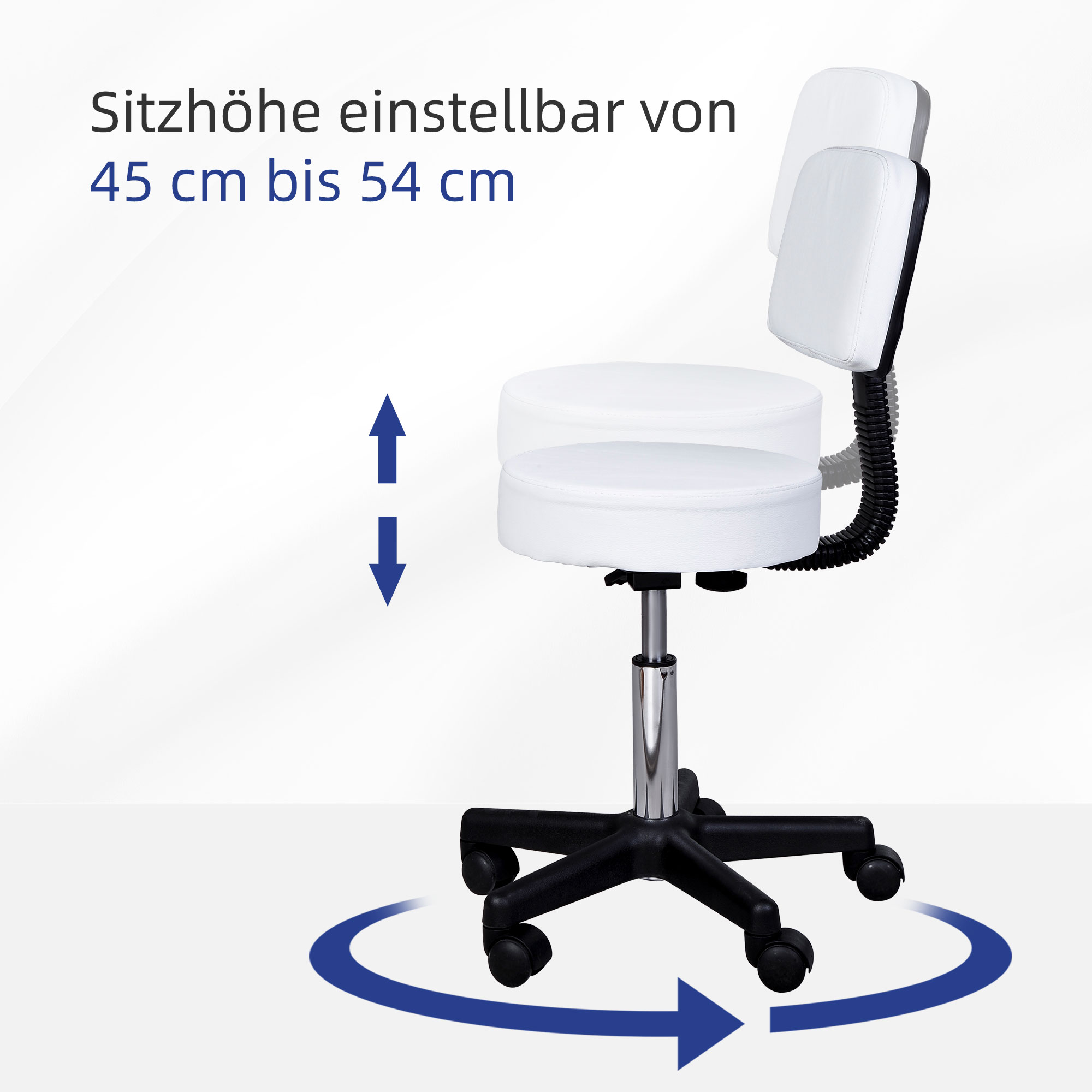 Rollhocker höhenverstellbar mit Rückenlehne Drehhocker 72-84 cm Arbeitshocker 360° drehbar Bürohocker für Büro Salon Massage Spa Weiß