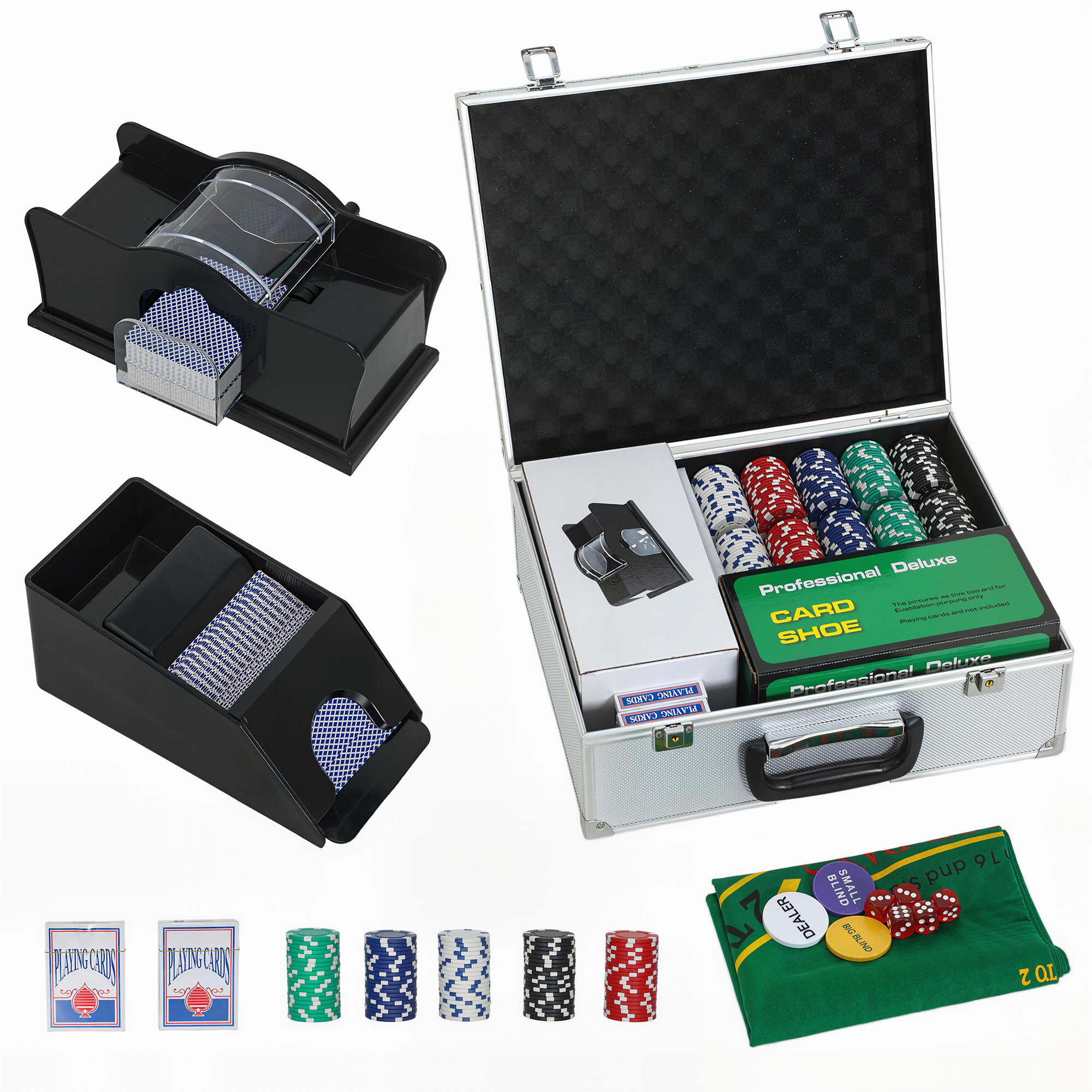 Poker-Set, 300 Chips, Würfel, 2 Kartendecks, Zubehör, Koffer, für 8 Spieler