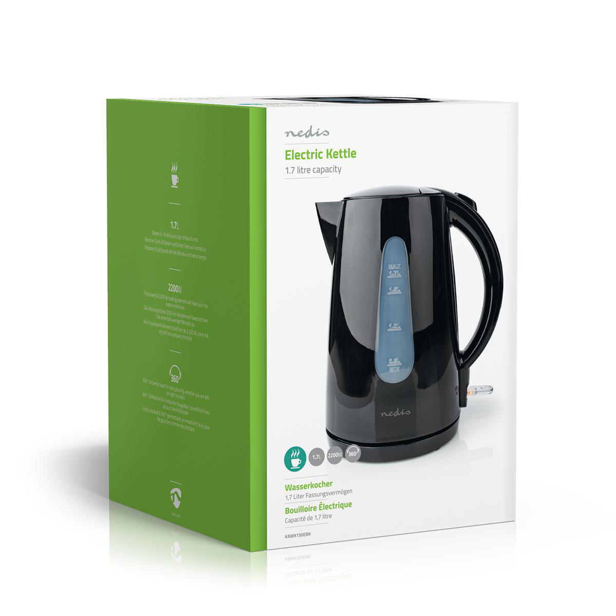 Wasserkocher | 1.7 l | Plastik | schwarz | Um 360 Grad drehbar | Verdecktes Heizelement | Strix Controller | Boil-dry protection