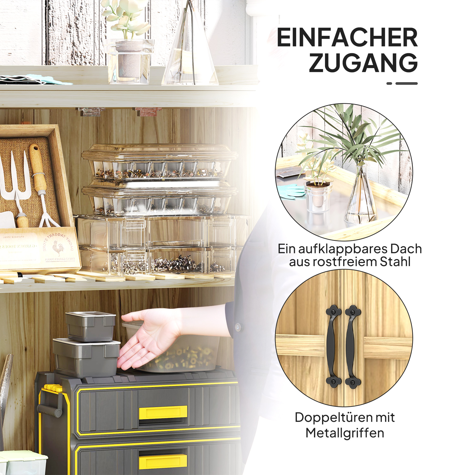 Gartenschrank, Werkzeugschrank für den Außenbereich, mit Arbeitsfläche, Holz und Edelstahl, Doppeltüren, Naturholz
