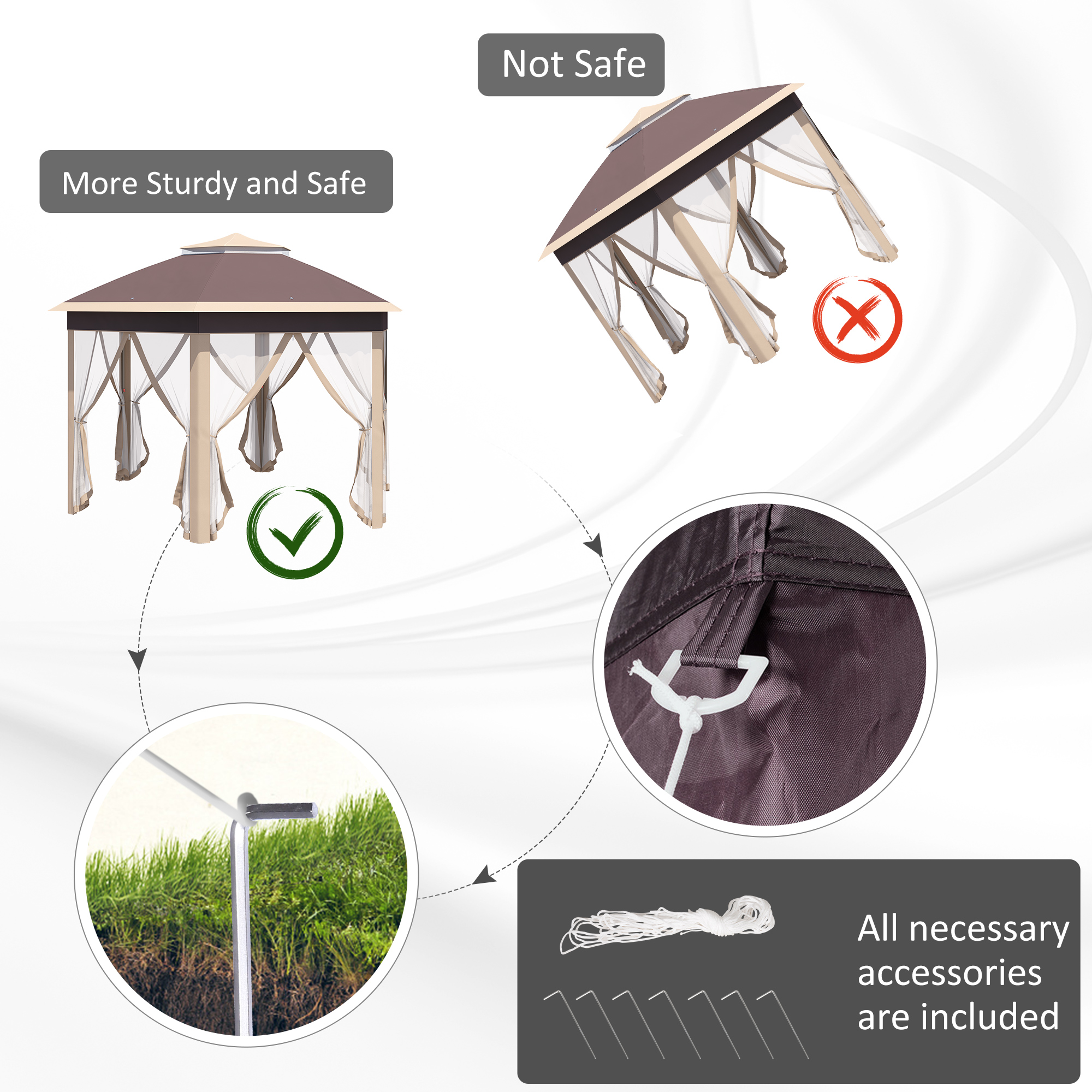 Pavillon 4x4m Wasserdicht Pop-up sechseckiger Faltpavillon, Doppeldach, Gartenpavillon mit 6 Seitenteilen, Partyzelt inkl. Tragetasche, für Garten, Terrasse, Festival, Beige+Khaki