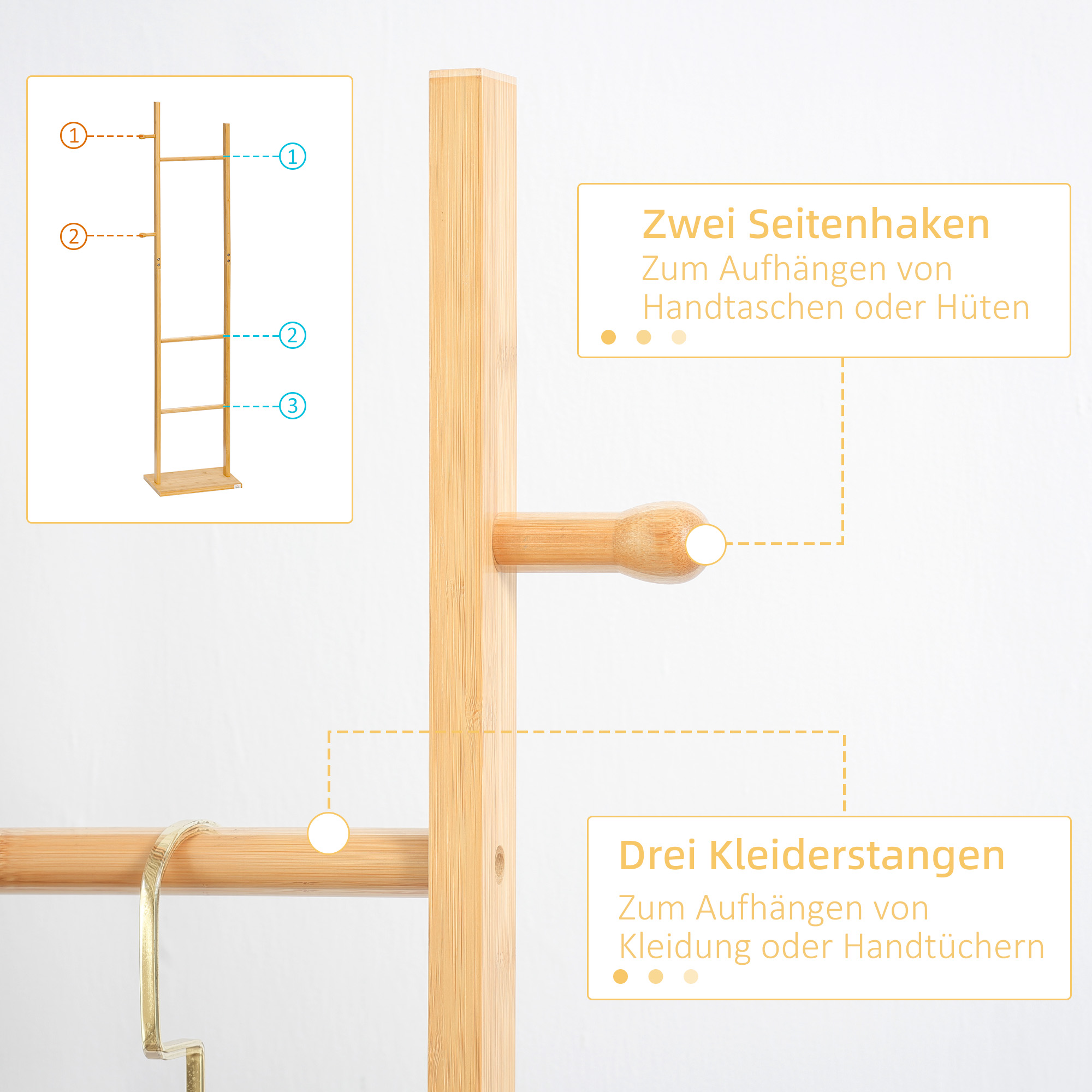 moderner Garderobenständer, 2 Haken & 3 Stangen, robustes Bambus, 36x24x168 cm, Natur