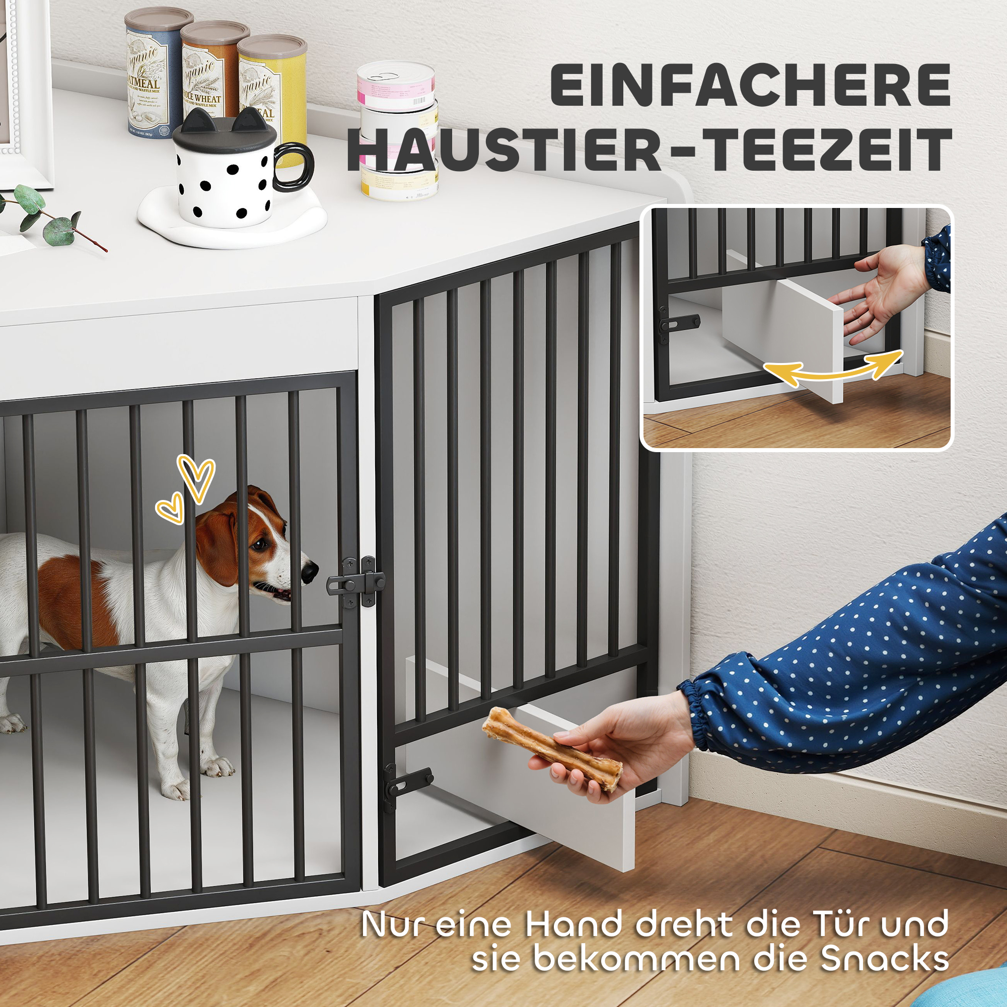 Hundebox, Aufenthaltsbox für kleine und mittelgroße Hunde, Haustierbox, Fütterungstür, MDF, Metall, Weiß