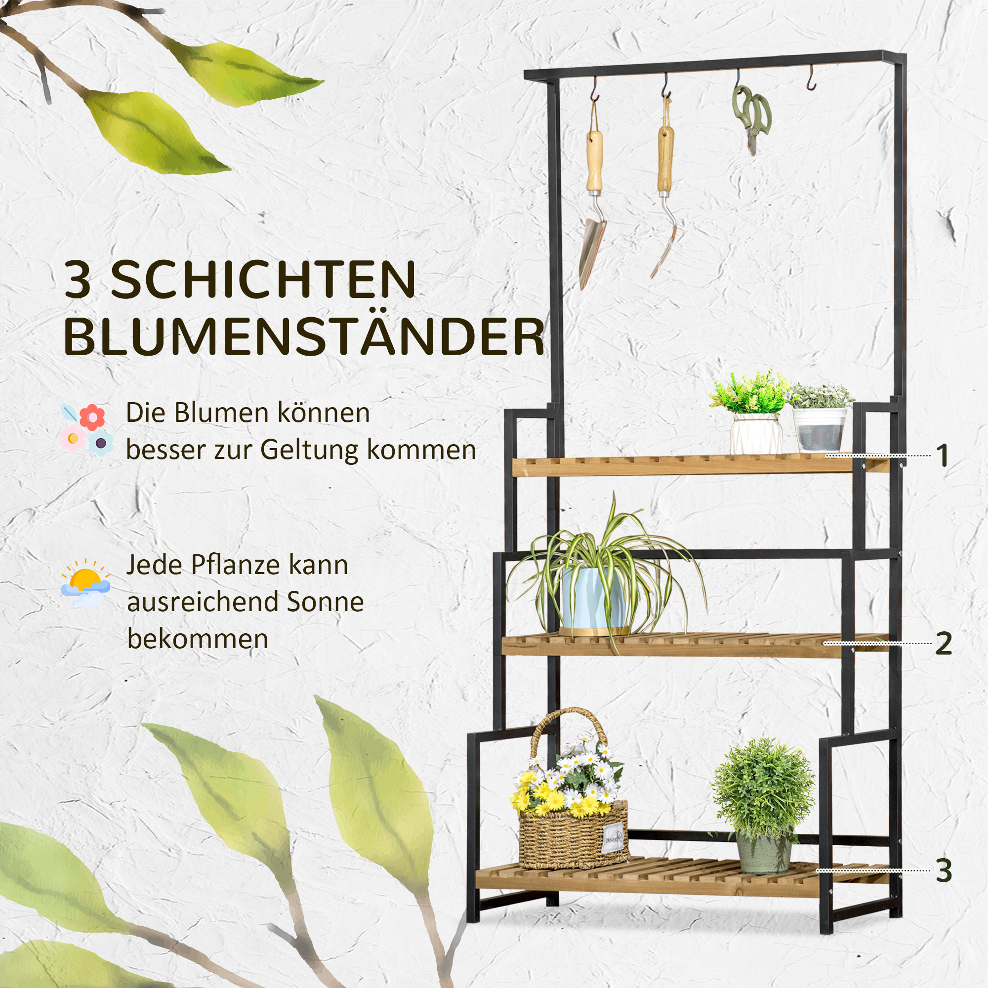 Pflanzenregal mit 3 Ebenen und Befestigungshaken, Blumentreppe aus Naturholz, 80 cm x 36 cm x 174 cm, Natur