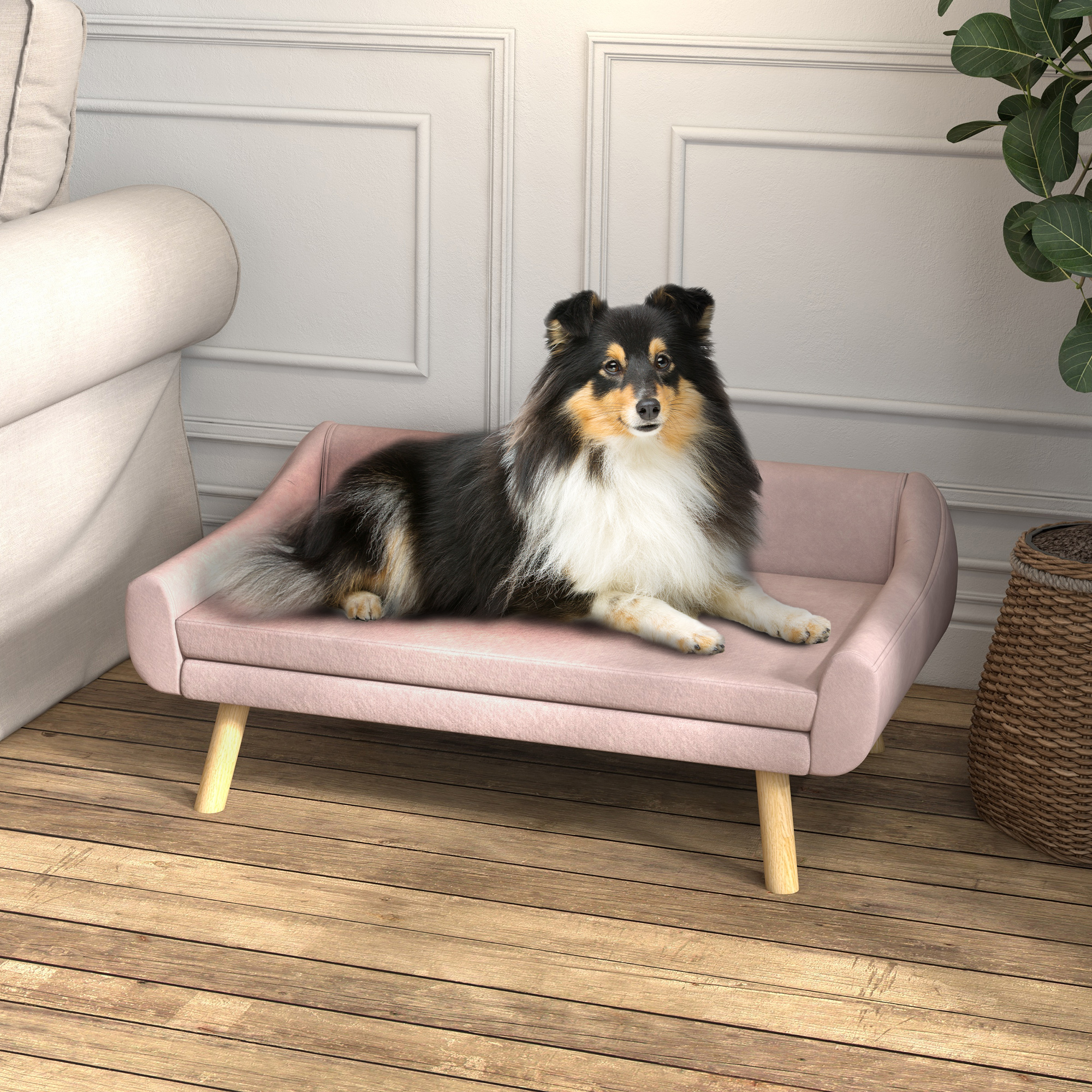 Haustiersofa Hundesofa, Skandidesign, abnehmbares Polster, Samtoptik, 102 cm x 58,5 cm x 42,5 cm, Rosa + Natur