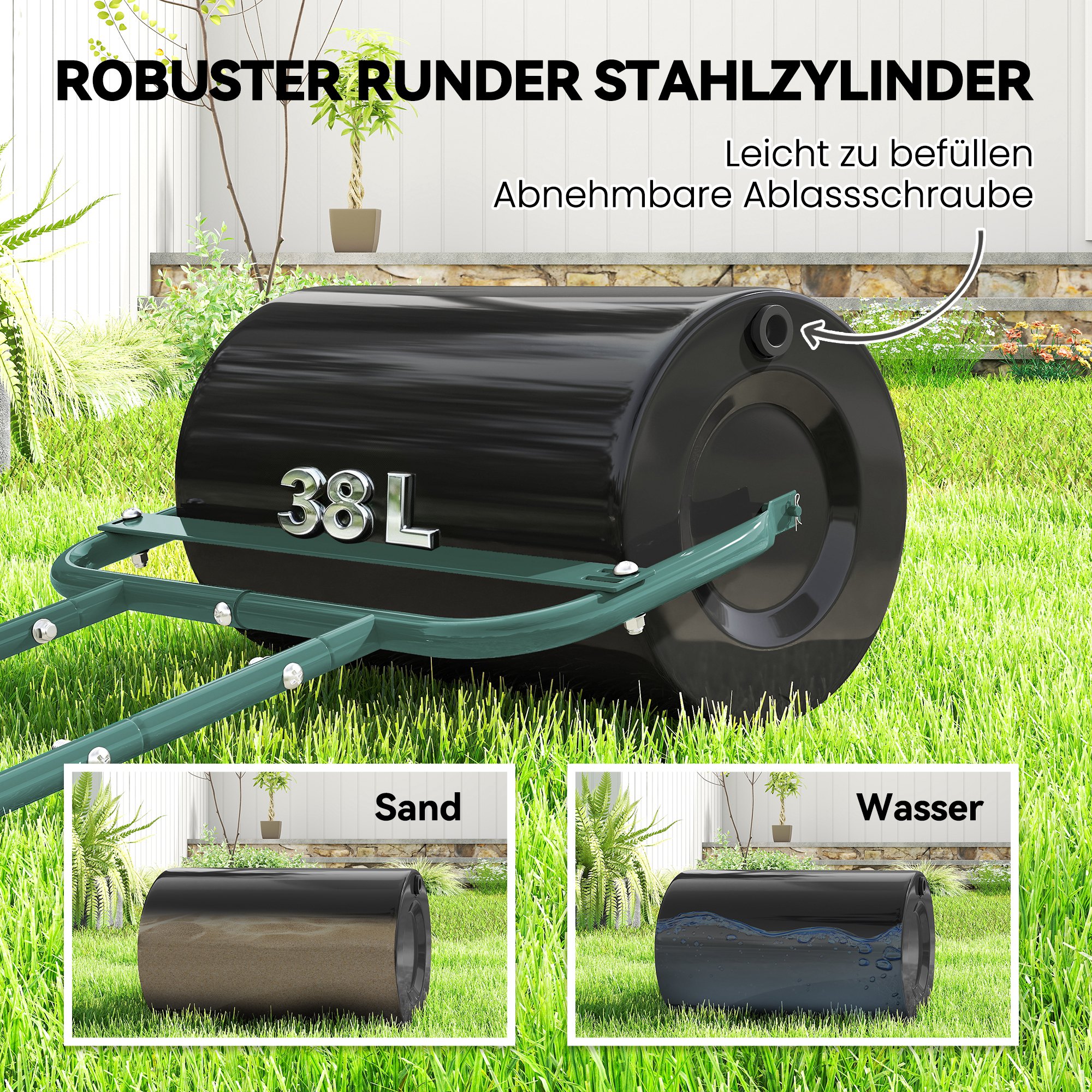 Handliche Rasenwalze, Praktische Rasenrolle, Graswalze, Gartenwalze, flexibel, Stahl, 58L x 32,5B x 113H cm, Dunkelgrün