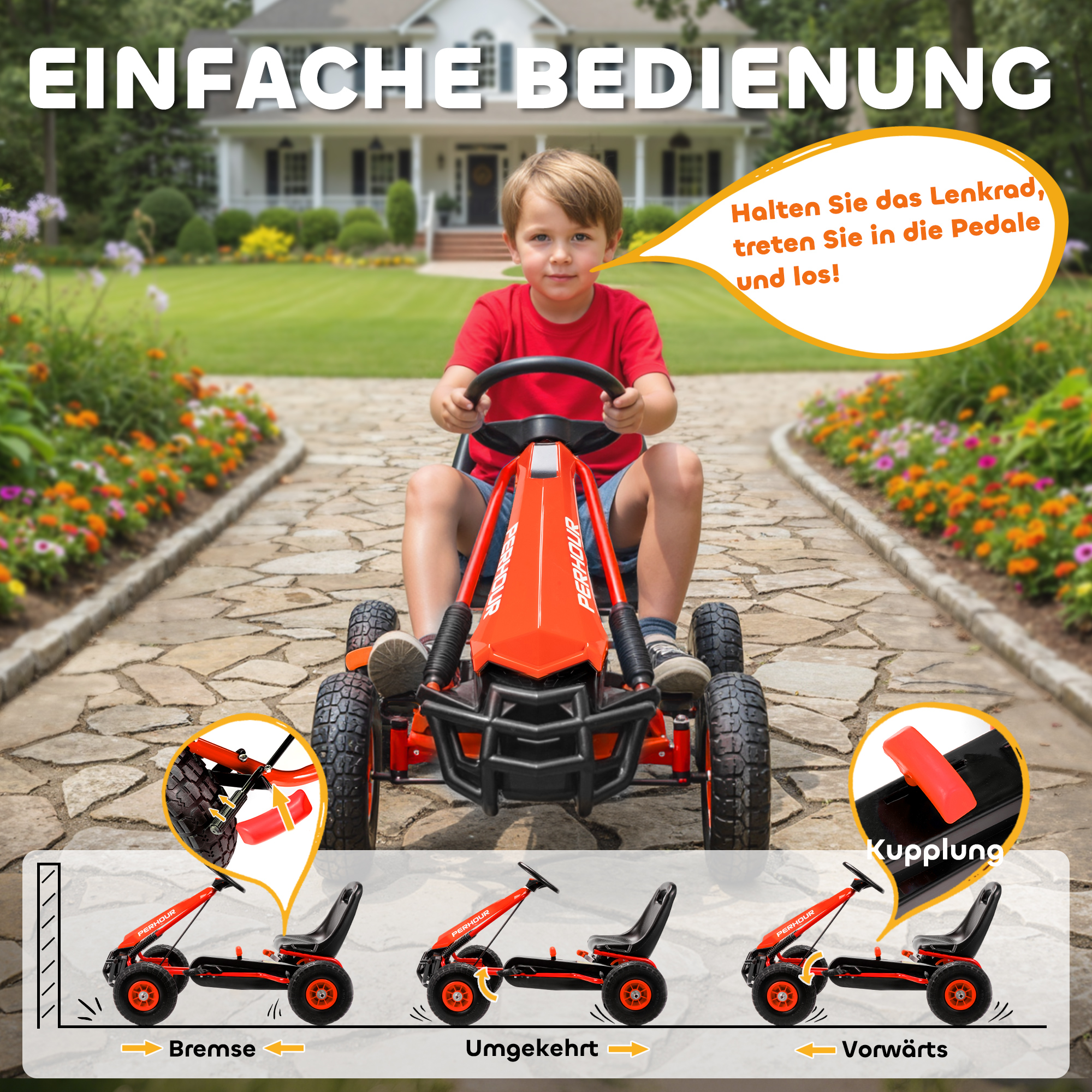 Pedal-Gokart für Kinder, höhenverstellbarer Sitz, EVA-Räder, Bremse, Kupplung, 3-8 Jahre, Rot
