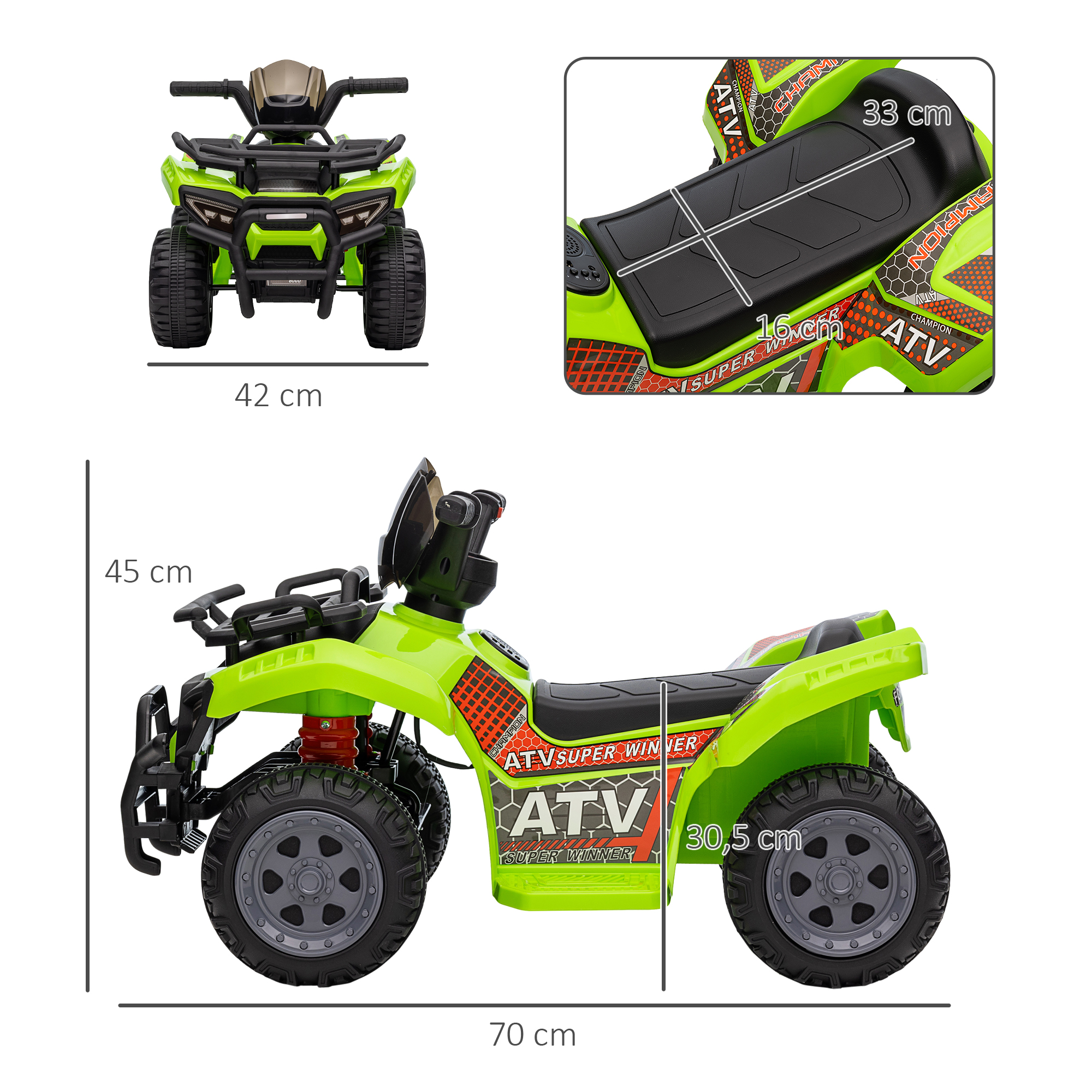 Kinderquad 6V Kinderquad mit Vorwärtsfunktion, Musik, Elektro-Quad für Kinder 1,5-3 Jahre Grün
