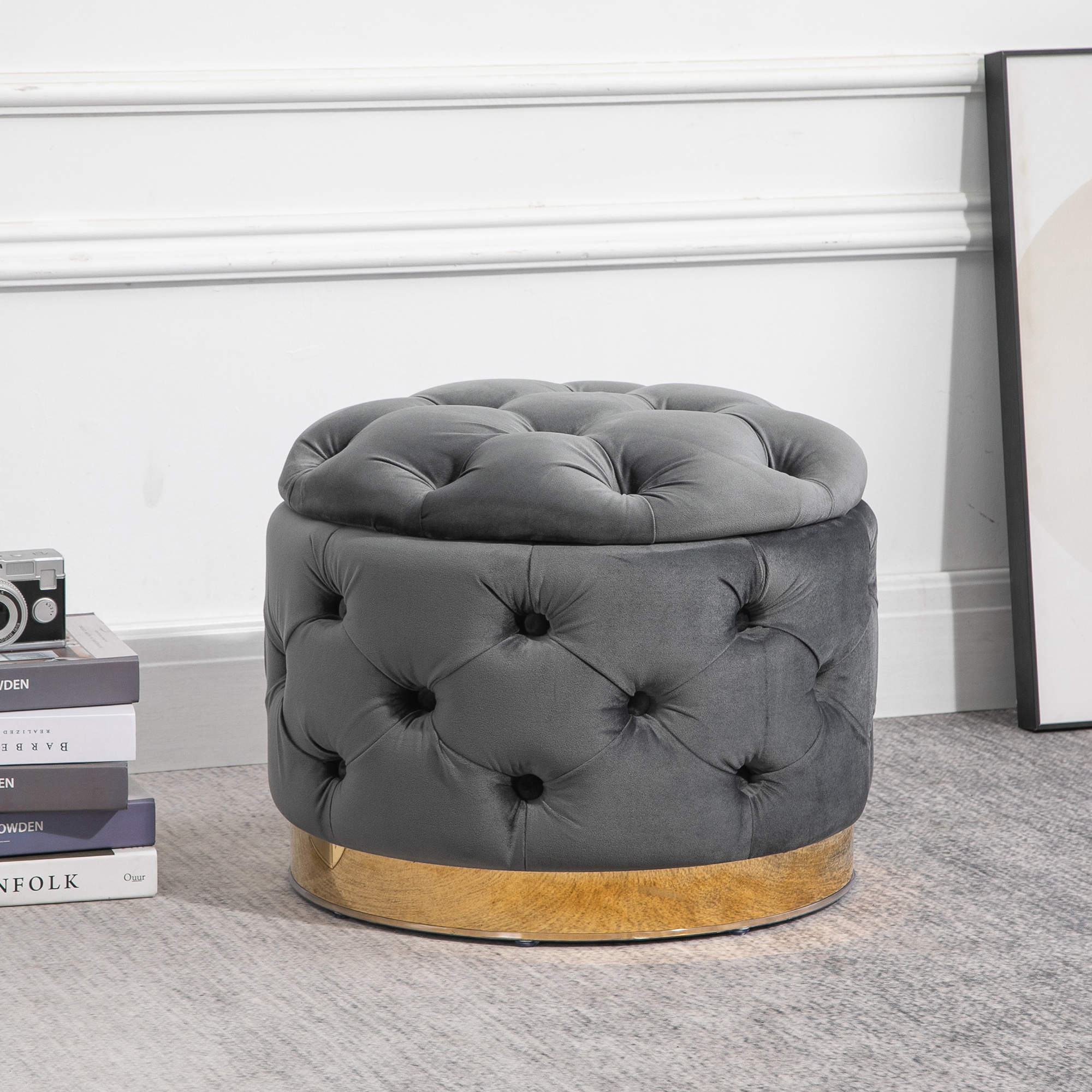 Vintage Hocker, Sitzhocker Truhenbank Fußbank Fußhocker mit Stauraum, Polsterhocker, Metall, Schaumstoff, Kohlegrau, 55 x 55 x 42 cm