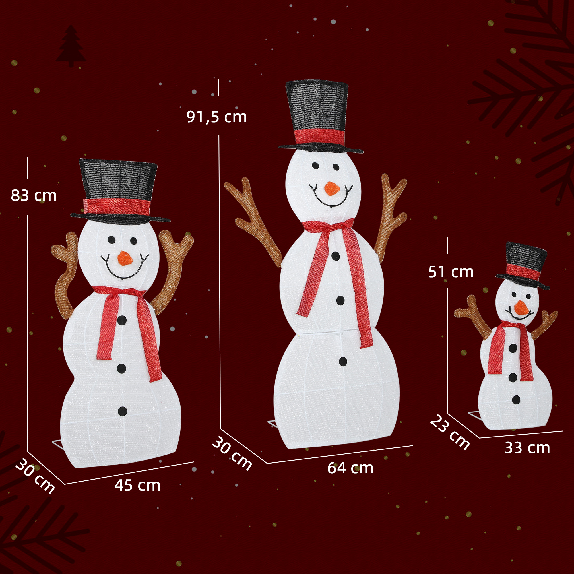 3-teilige weihnachtliche Schneemann-Familie, Außendekoration, LED-Lichter, Bodenpfähle, wasserfest, Stahl, Polyester, Weiß
