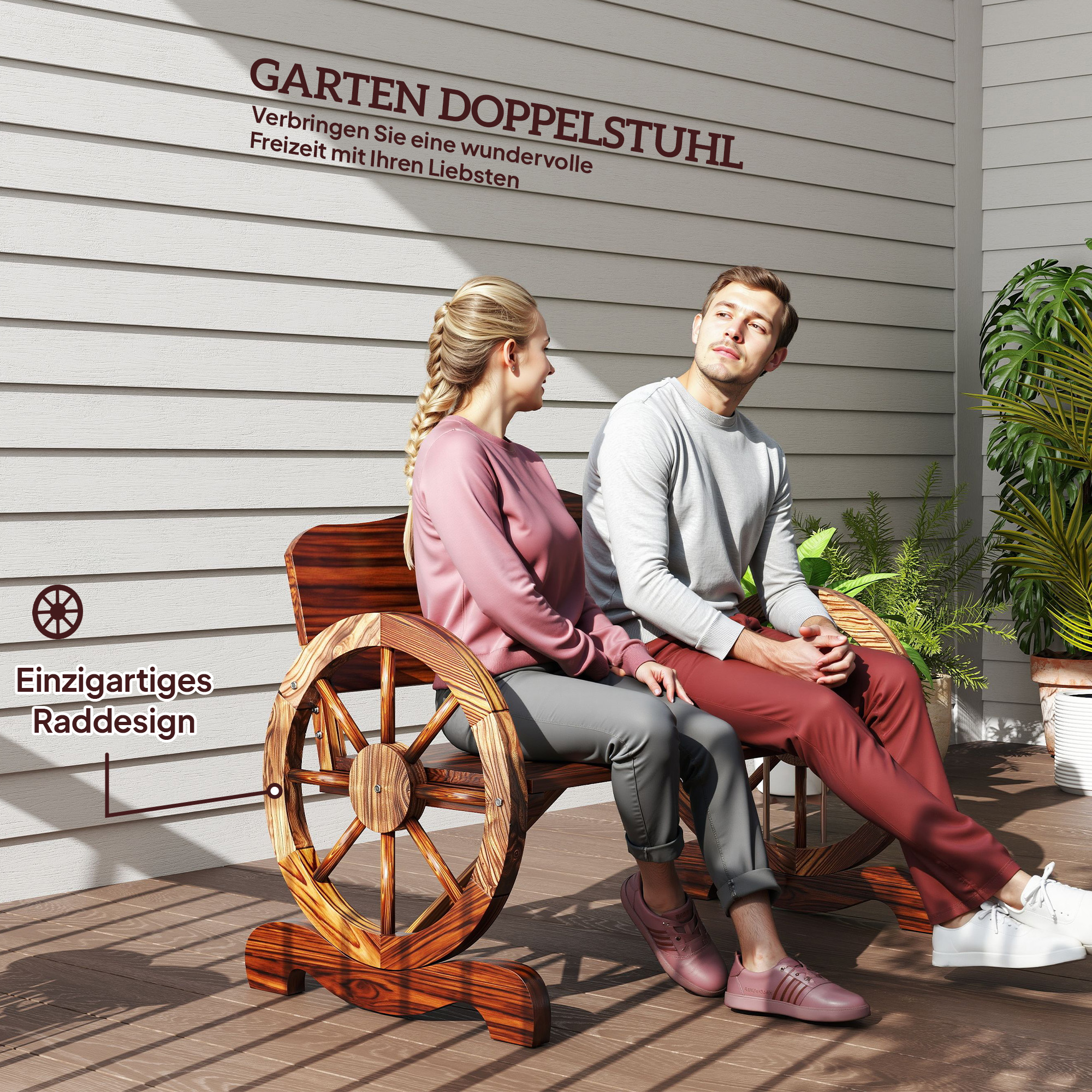 2-Sitzer Gartenbank mit Rad-Armlehnen, Rustikale Outdoor-Bank für Terrasse, Veranda, Fichtenholz, Braun