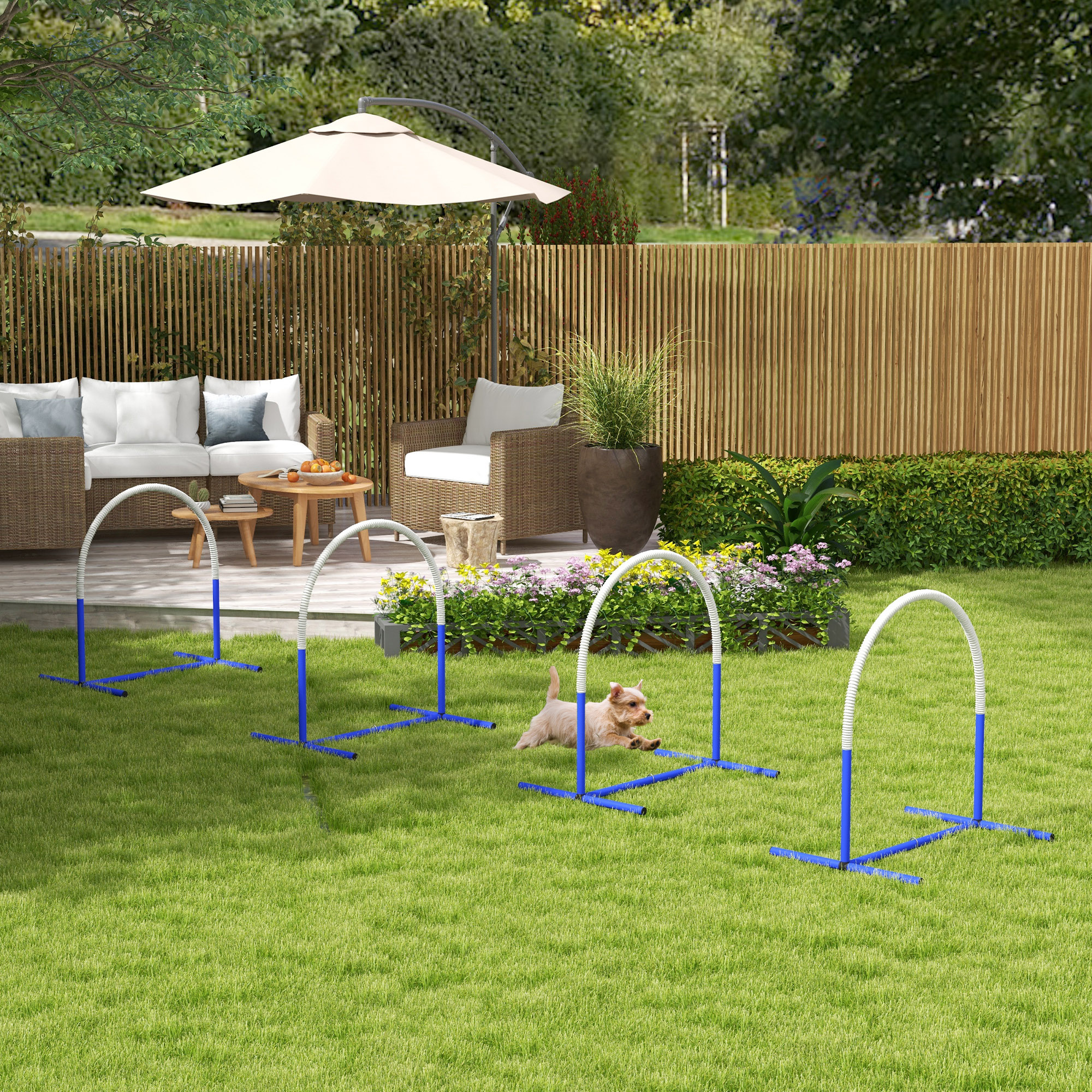 Agility-Set für Hunde, Hundetraining, 4 Bögen, für Einsteiger, mit Tragetasche, blau+weiß, 88 x 64 x 95cm