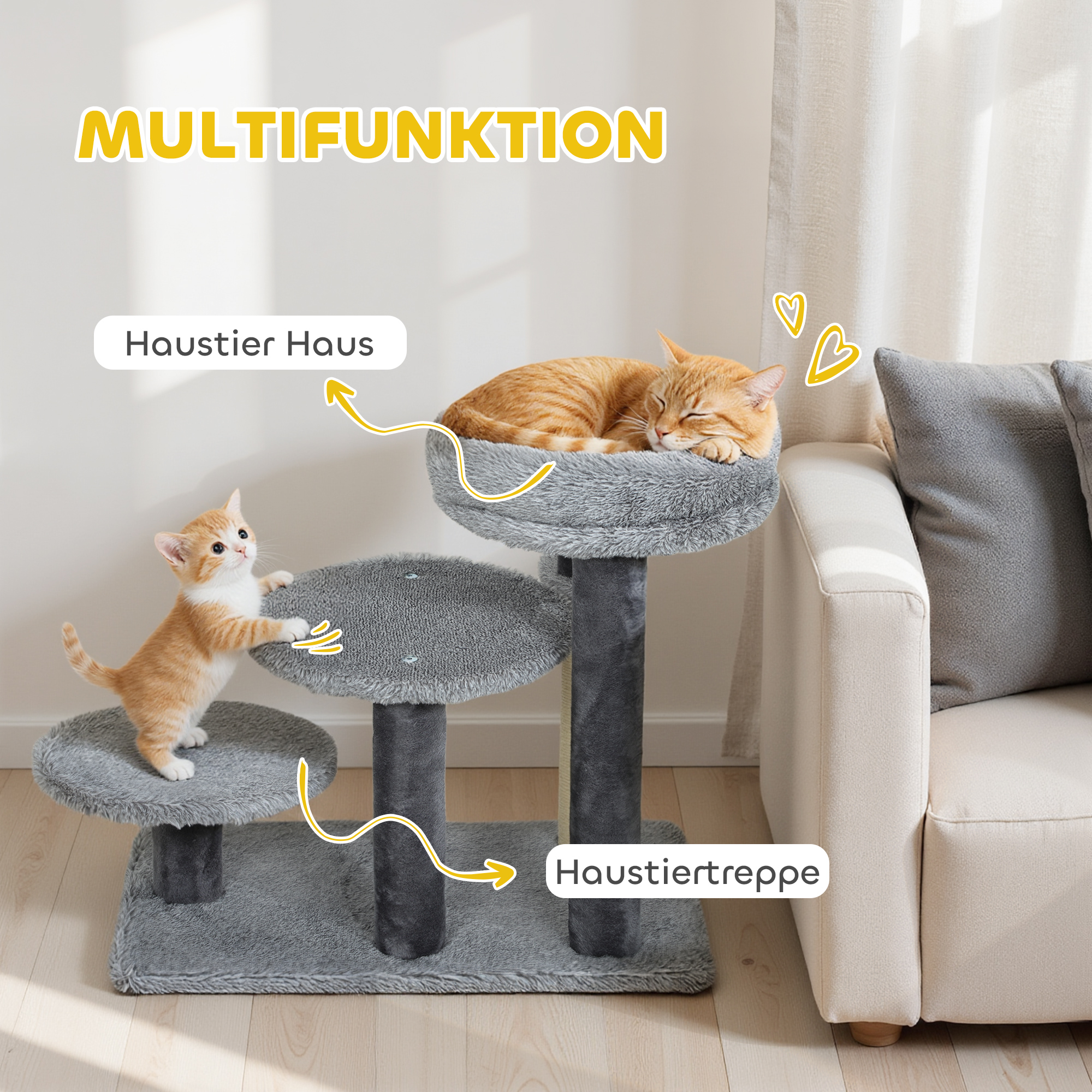 Kratzbaum und Katzentreppe, breite Basis, Plüschstoff, Sisalkratzsäule, Grau