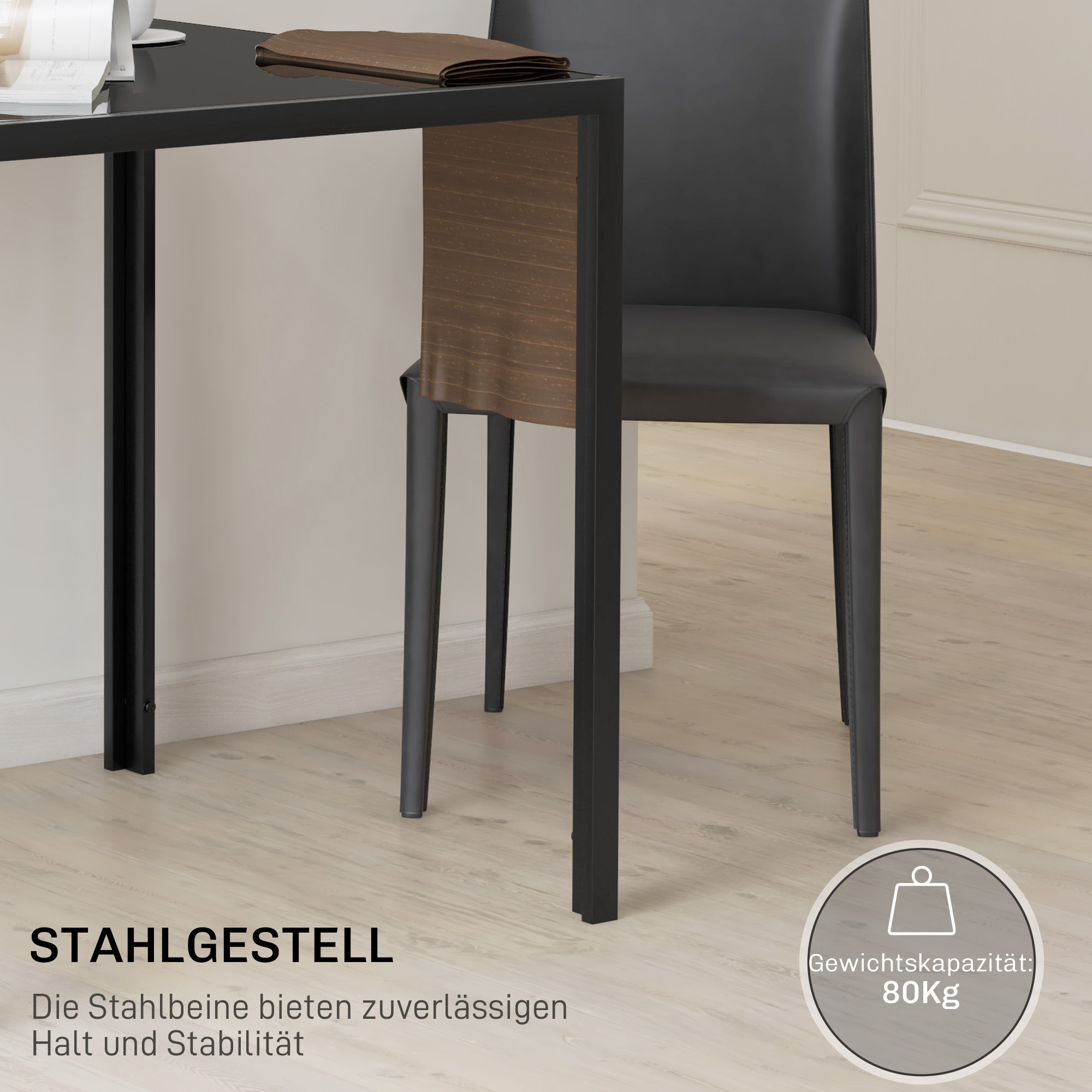 Quadratischer Esstisch für 4 Personen, Tischplatte aus Hartglas, für Küche und Esszimmer, 75 x 75 x 75 cm, Schwarz