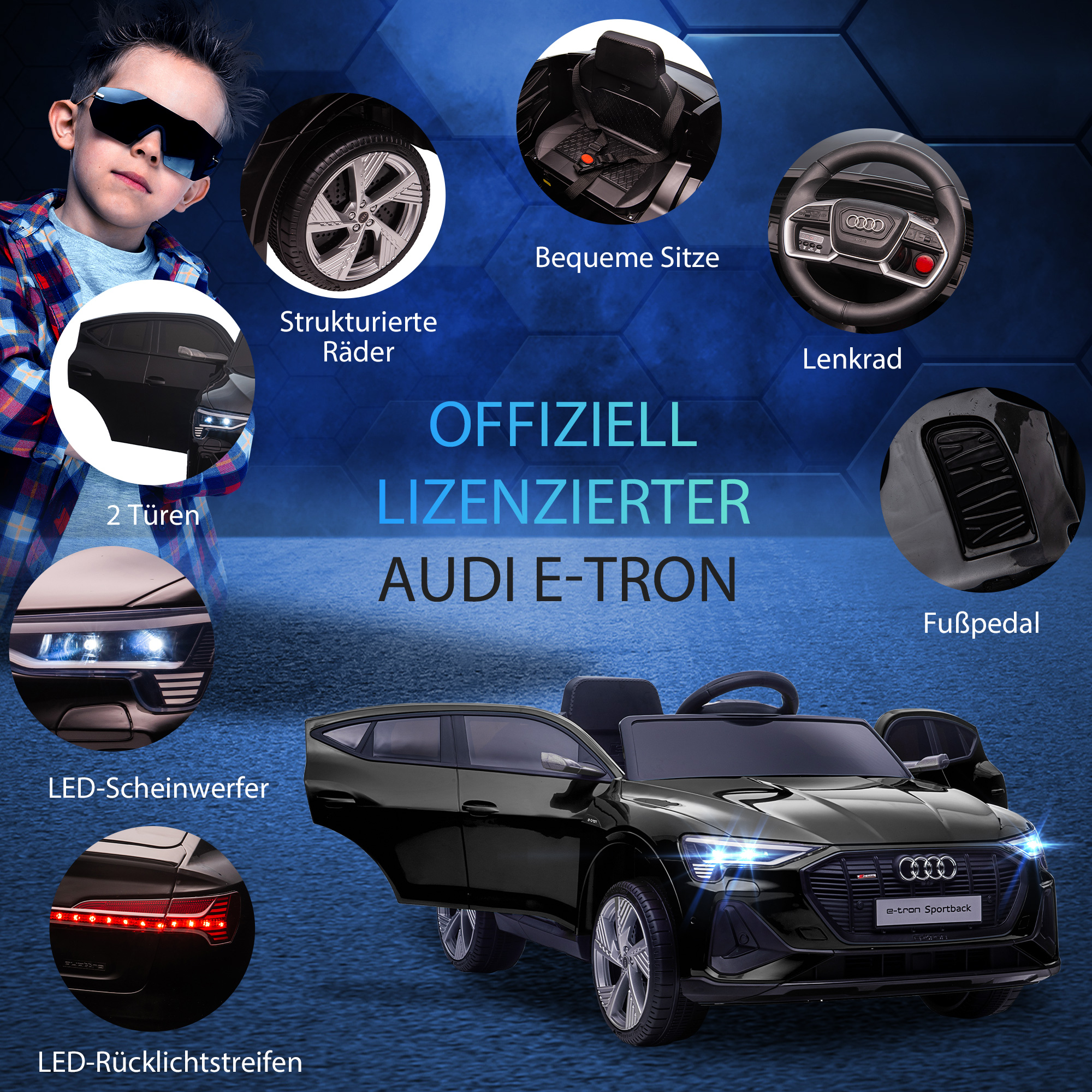 Kinderfahrzeug Audi E-tron Elektroauto mit Fernbedienung, Sicherheitsgurt, Musik (MP3/USB/TF), Kinderfahrzeug für Kinder 3-5 Jahre, 3-5 km/h, Schwarz