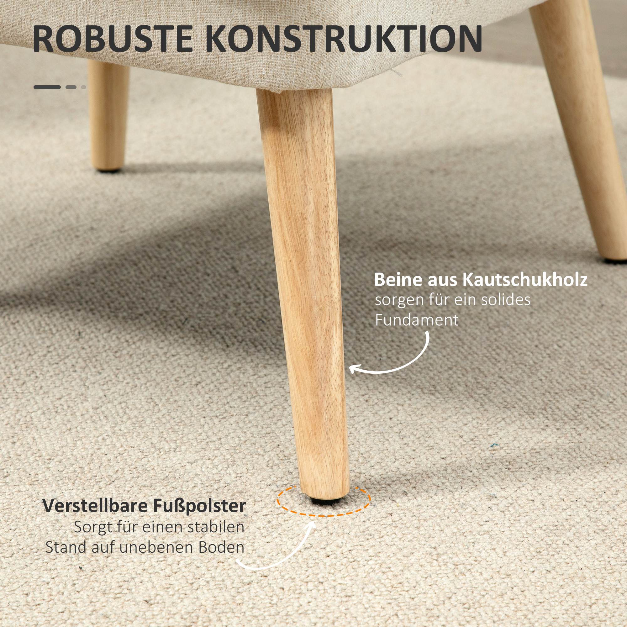 Sessel Loungesessel mit Leinenoptik, Armlehne, Gepolstert Relaxsessel mit Holzbeine, für Wohnzimmer, Schlafzimmer, Cremeweiß