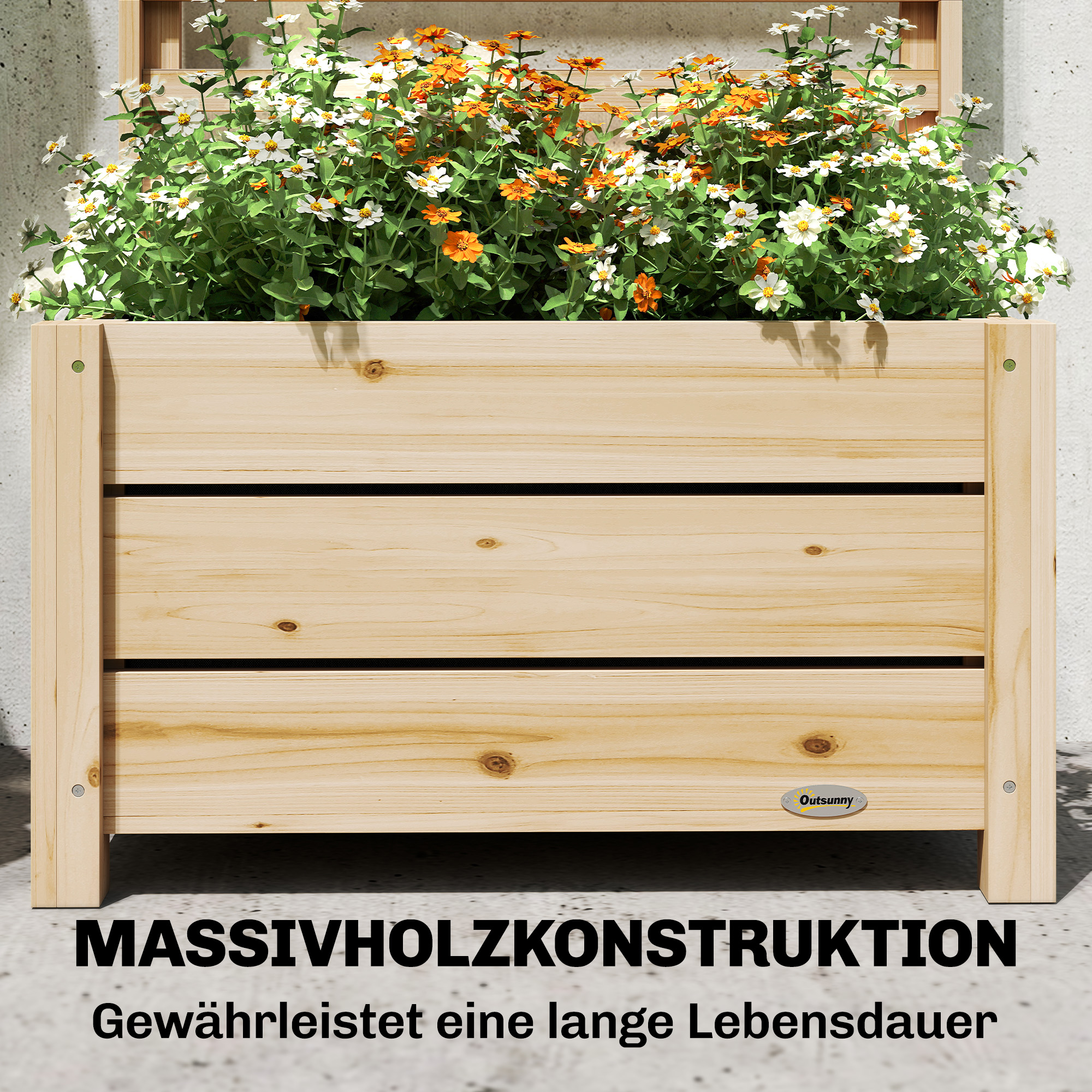 Hochbeet mit Rankgitter Holz erhöhter Blumenkasten mit Spalier Abflussloch Vliesstoff 60 x 39 x 200 cm Naturholz