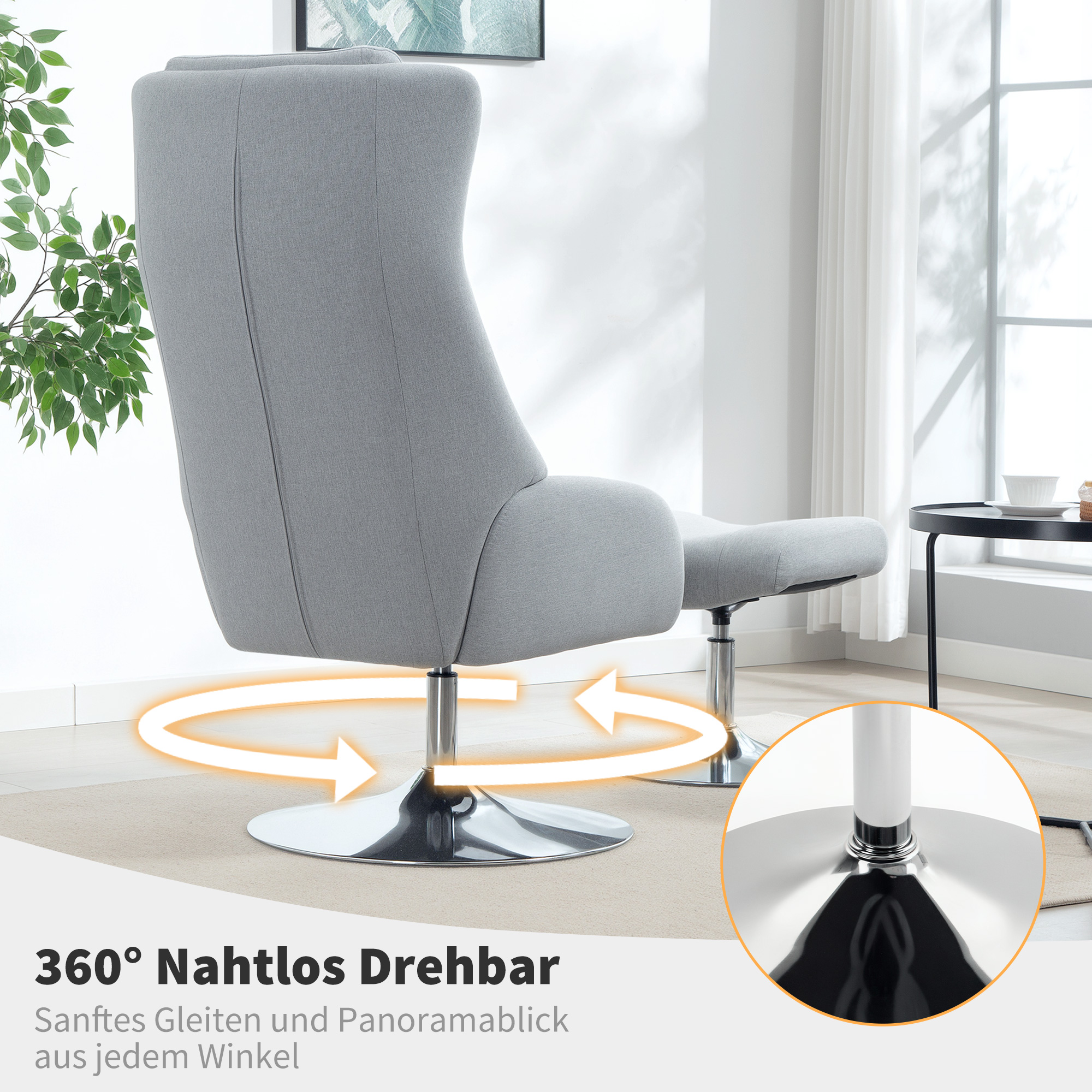 Drehbarer Polsterstuhl mit Fußhocker, zurücklehnbar, Polstersessel mit Armlehnen, für Wohnzimmer, Schlafzimmer, Grau