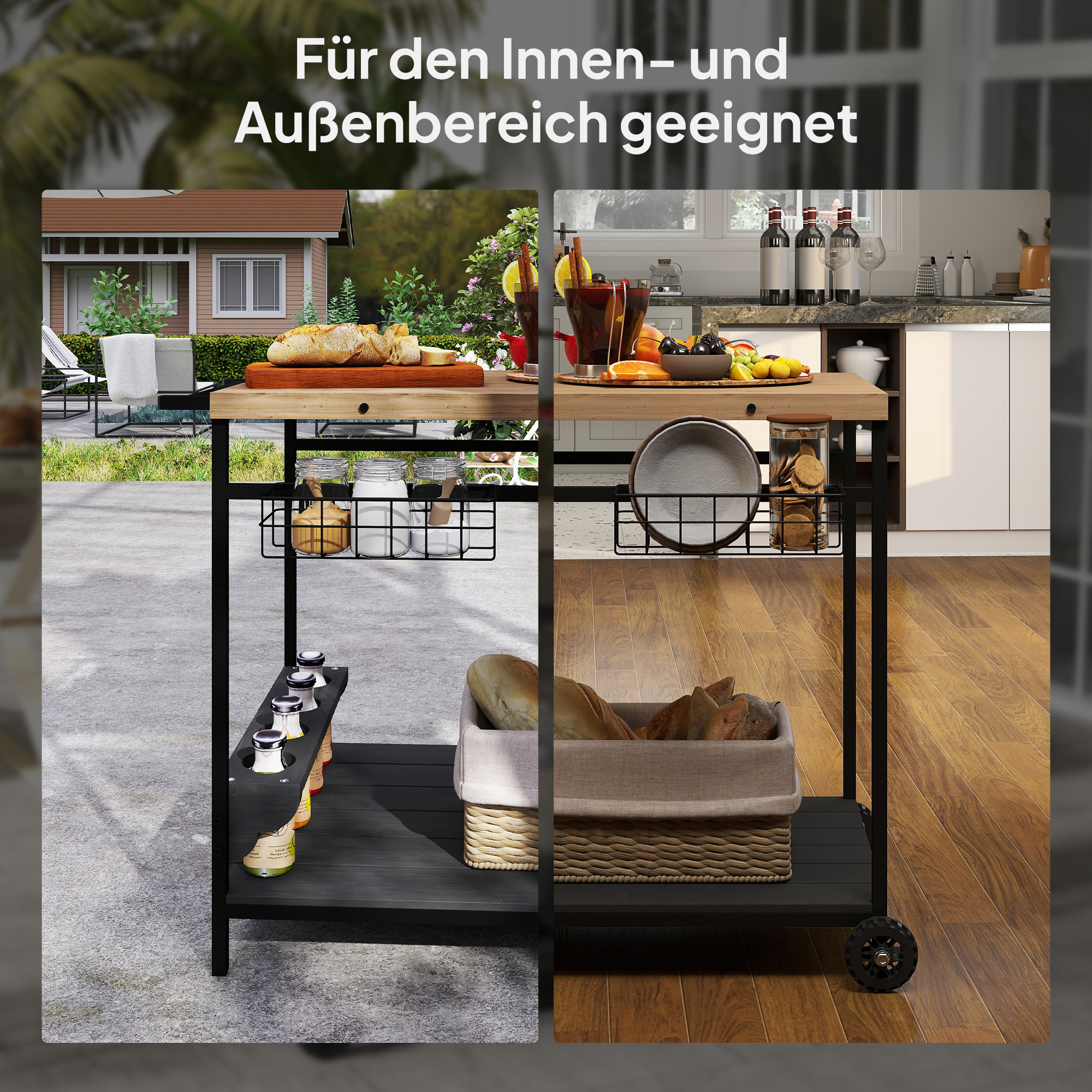 Servierwagen, Küchenwagen, 2 Etagen, 4 Flaschenhalter, In/Outdoor, Natur/Schwarz
