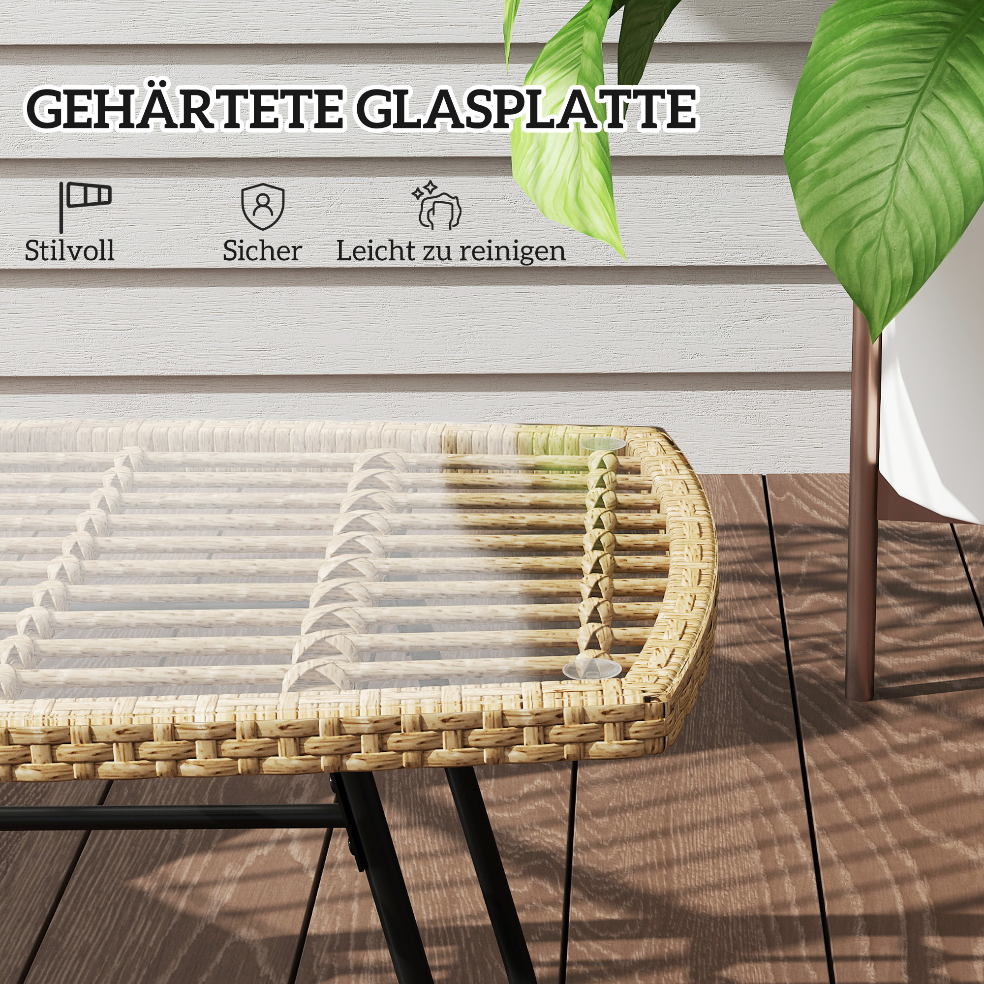 Polyrattan Gartentisch, 90 x 50 x 45 cm, UV-beständig Beistelltisch mit Glasplatte Naturholz