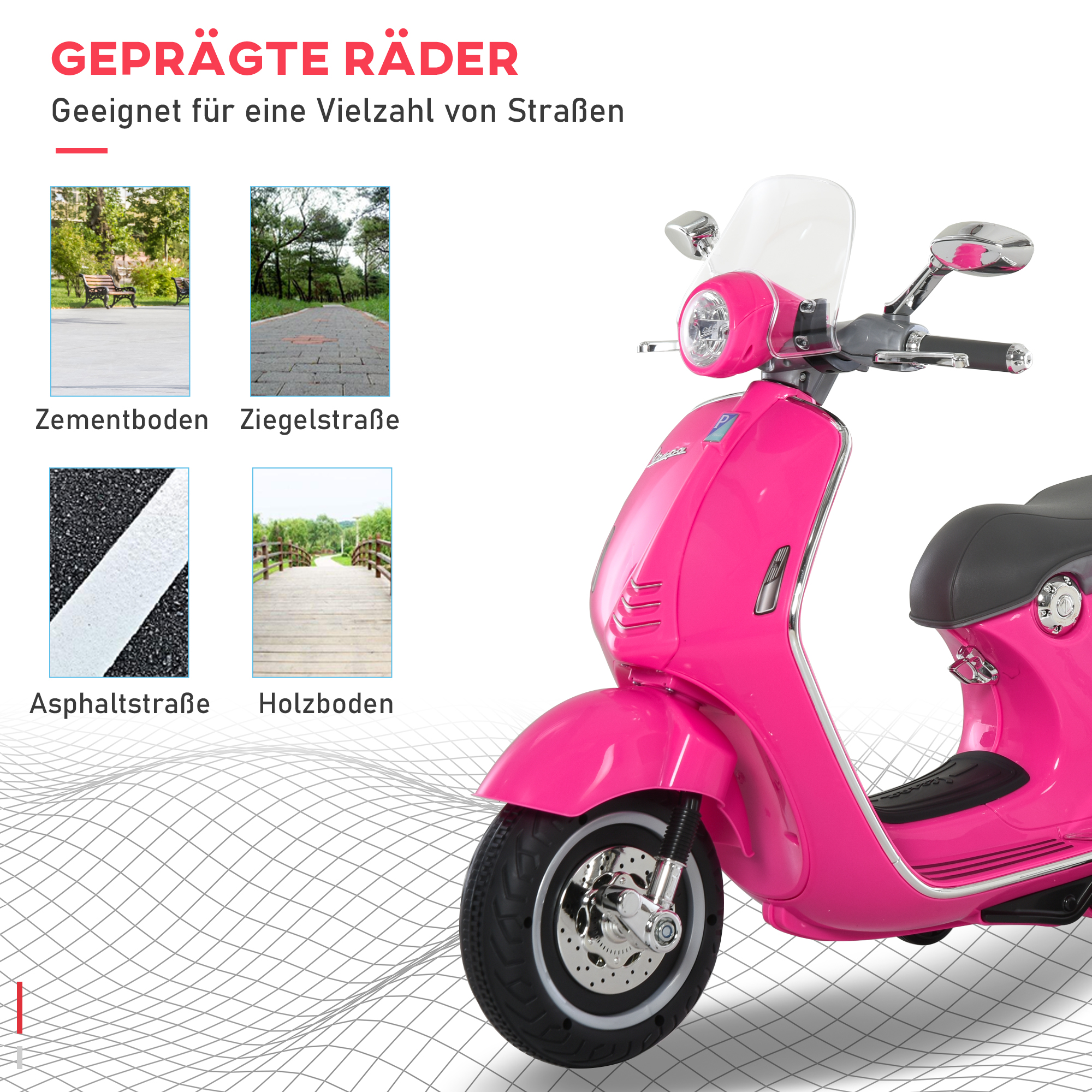 Elektro-Motorrad für Kinder mit MP3-Musik, Scheinwerfern, 3-6 Jahre, Kunstleder, Metall, 108 x 49 x 75 cm, Rosa