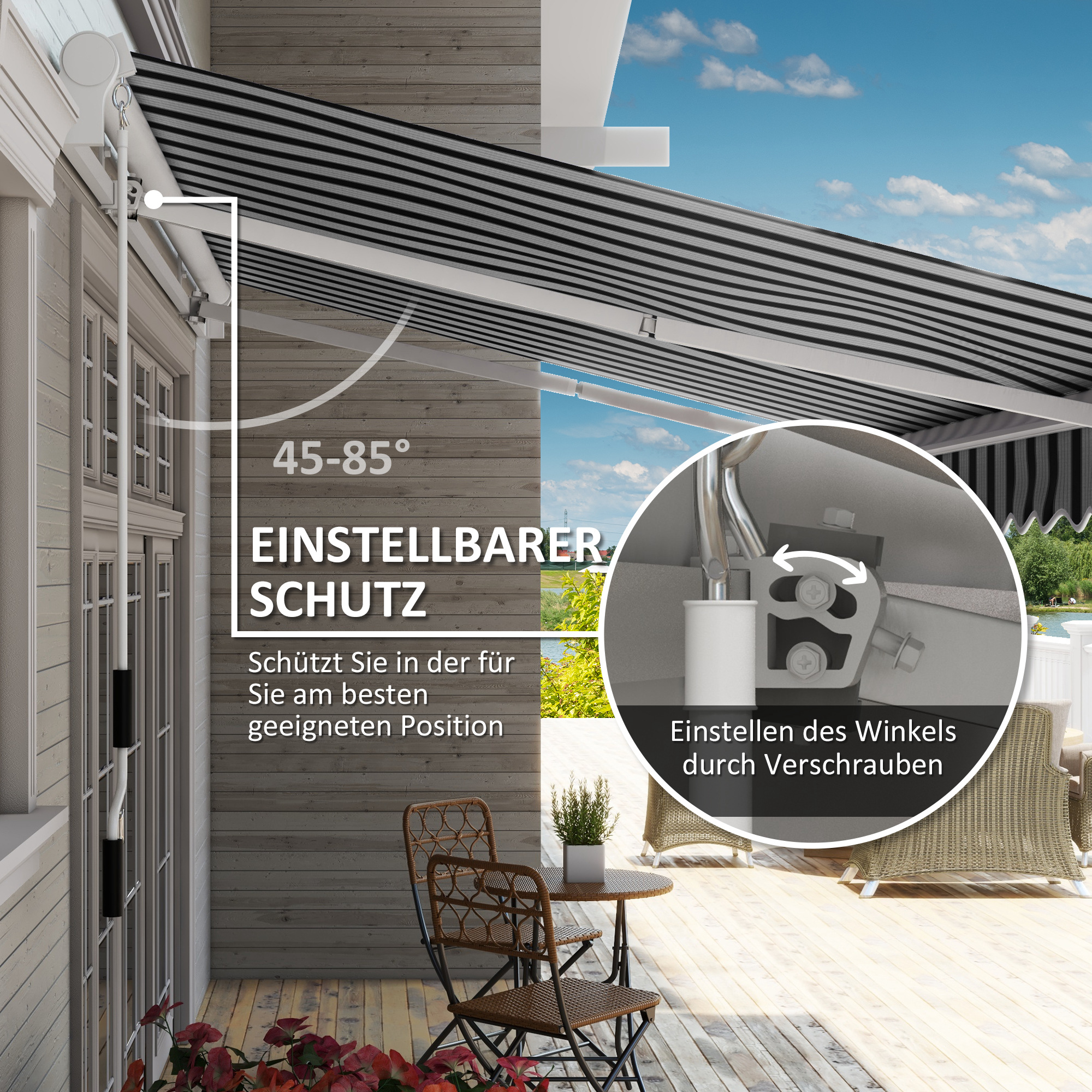 Markise, Sonnenschutz, einfahrbar, mit Handkurbel, Metallrahmen, Polyester, blau+weiß, 3,95 x 2,45 x 3,50 m