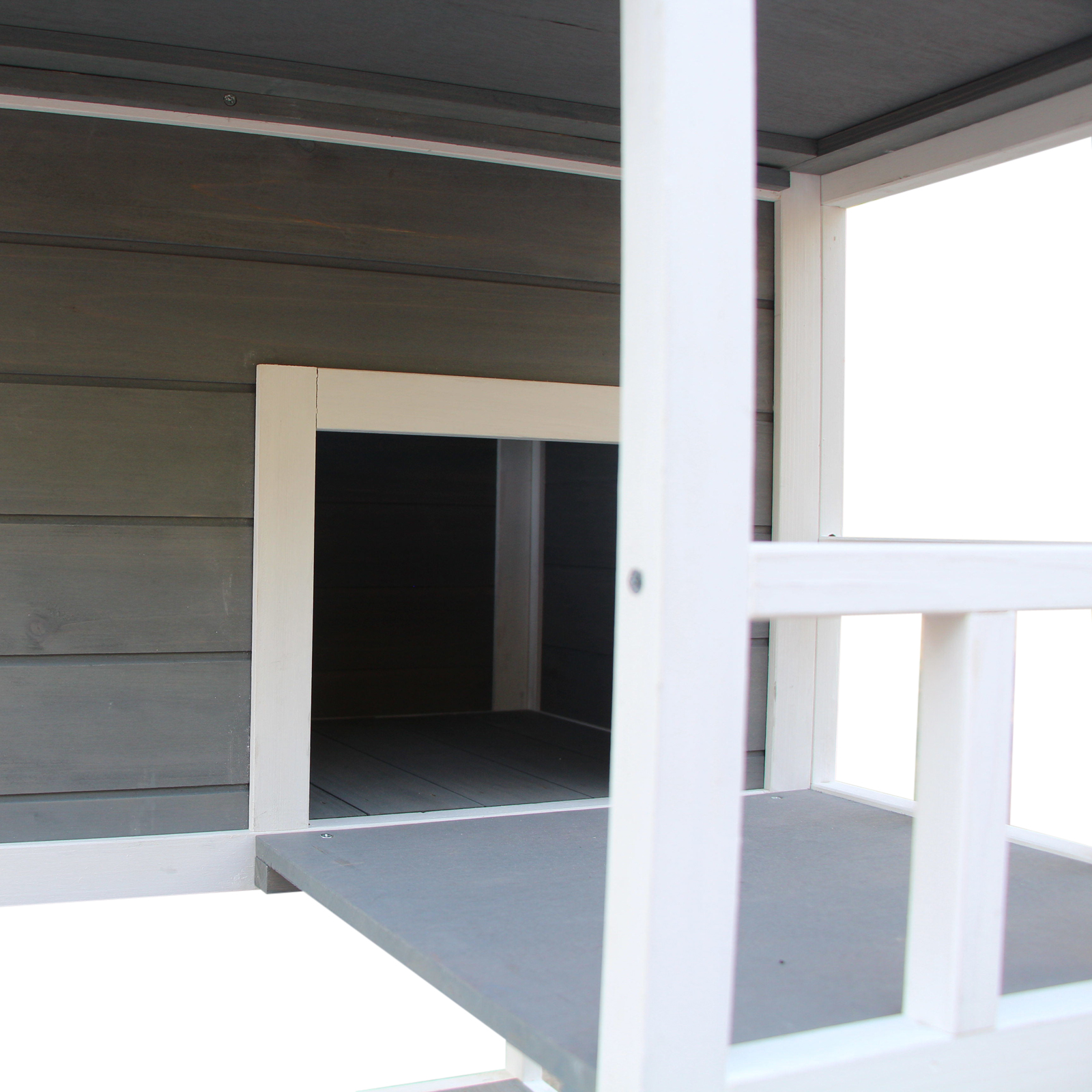 Katzenhaus, Tannenholz, Katzenhütte für draußen mit Terrasse, Katzenhöhle, 4 Etagen, Katzenvilla mit Treppe, Asphaltdach, Winterfest, Kleintierhaus, Grau, 75,5 x 75 x 137 cm