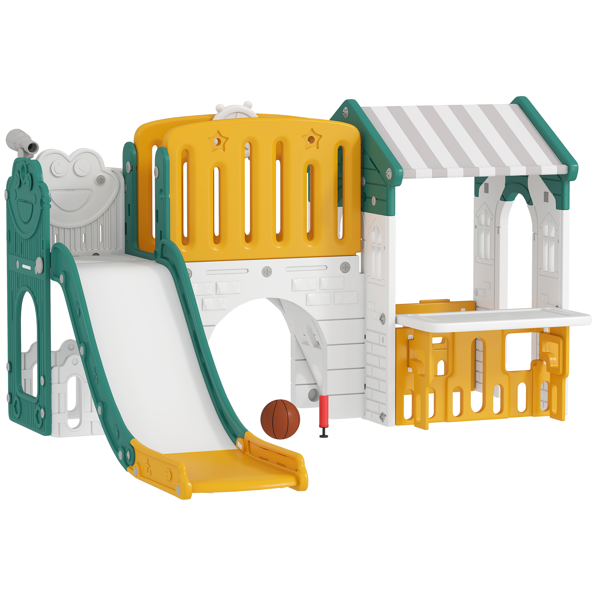 7-in-1 Kinderrutsche, Indoor-Spielplatz, Klettergerüst, Haus, Tafel, Basketballkorb, 1-4 Jahre, Kunststoff, Gelb+Grün