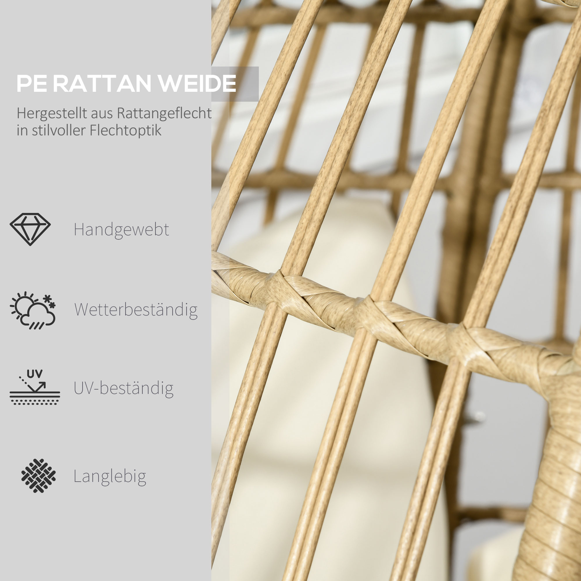 Korbstuhl in Rattanoptik, weiche Sitzkissen, Aluminiumrahmen, khaki+beige, 105 x 90 x 148 cm