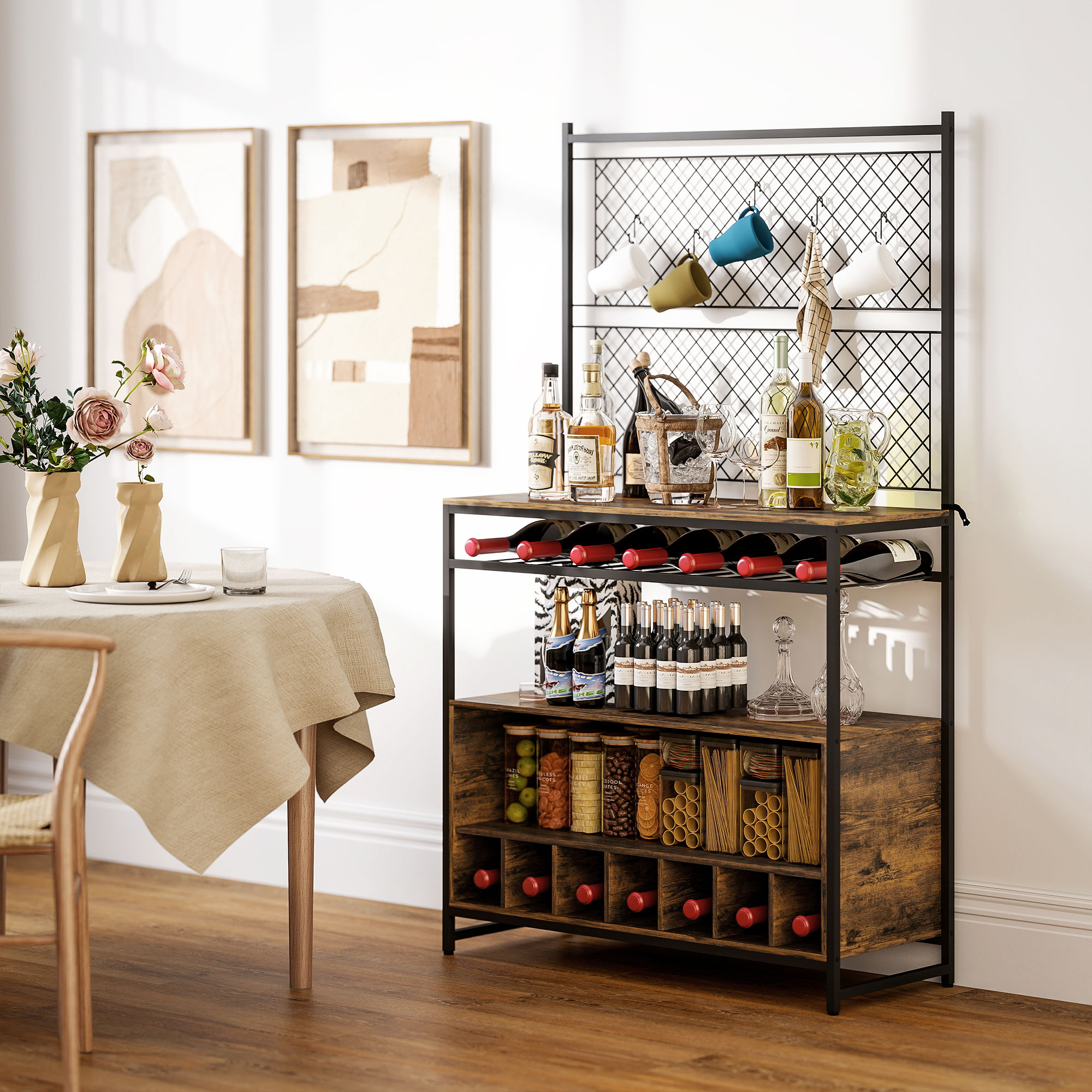 Küchenregal mit Arbeitsfläche, Metallgitterpaneele, 5 Haken, Küchenschrank für Gewürze, Töpfe, Pfannen, Braun