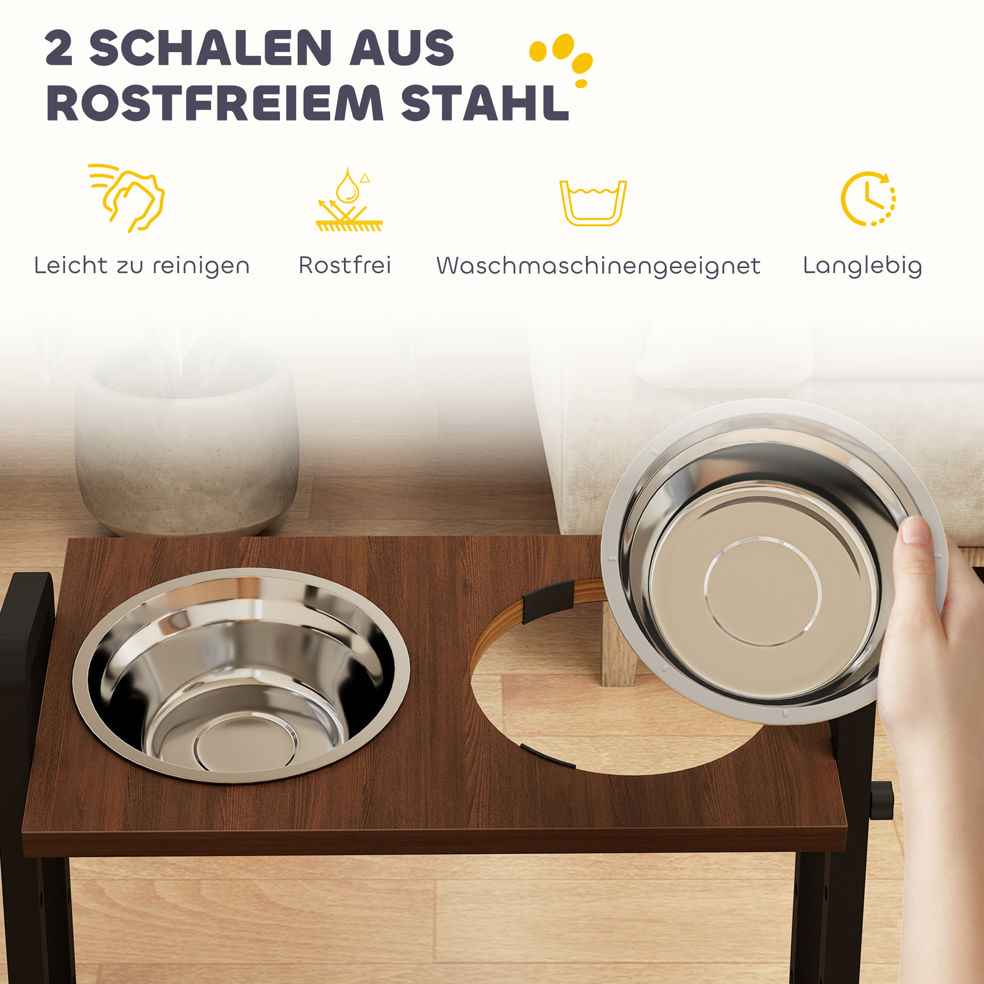Hundenapf erhöht 4 höhenverstellbare Futternapf mit Ständer, 2 x 1,2l Edelstahlnäpfen, 3 einstellbaren Winkeln, Braun