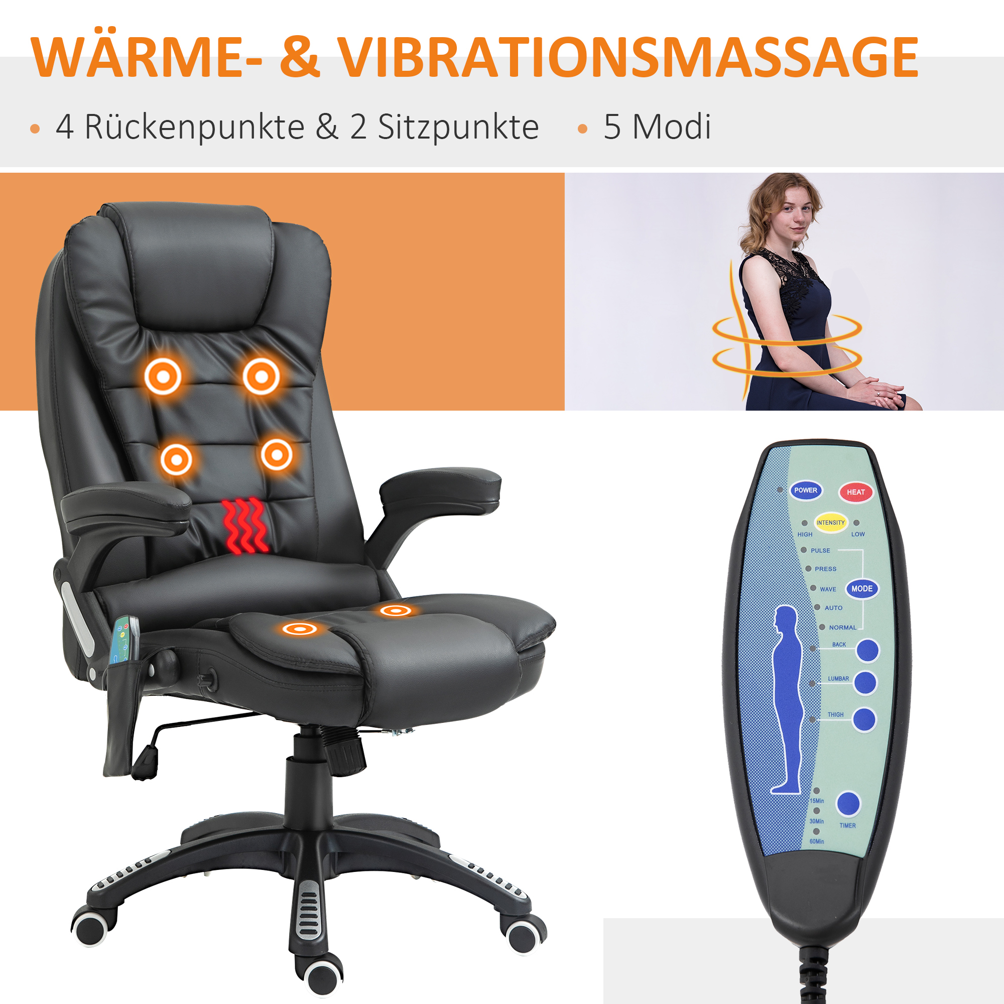 Massagesessel Bürostuhl, Chefsessel mit 6-Punkt-Vibrationsmassage und Wärmefunktion, drehbar Gaming-Stuhl, Kunstleder, 70 x 70 x 111-121 cm, Schwarz