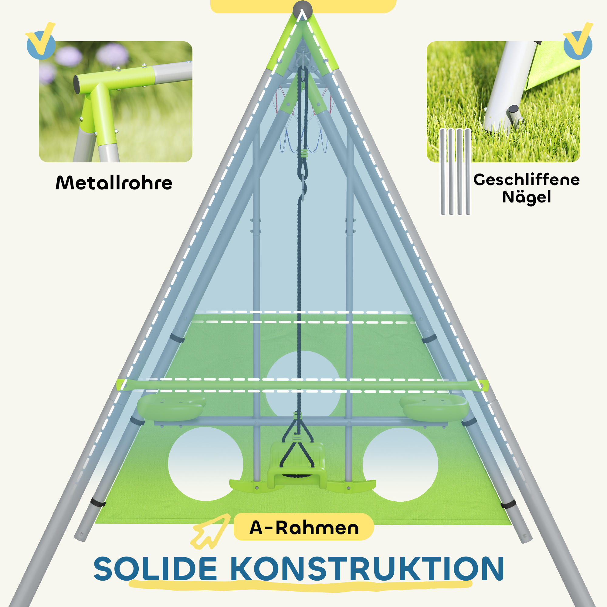 Outdoor-Schaukelset für Kinder, Kinderschaukeln, verstellbar, Stahl, Grün