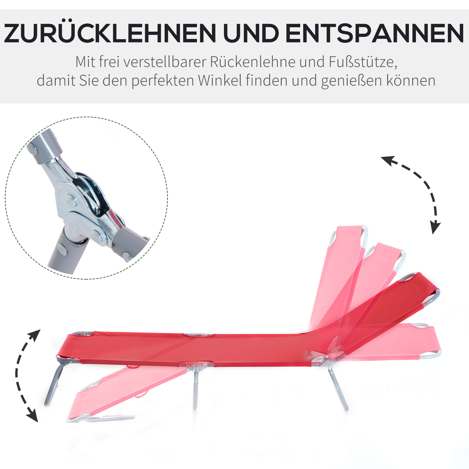 Sonnenliege, klappbar, verstellbare Rückenlehne, rostfreier Metallrahmen, 187 x 55 x 24, Rot