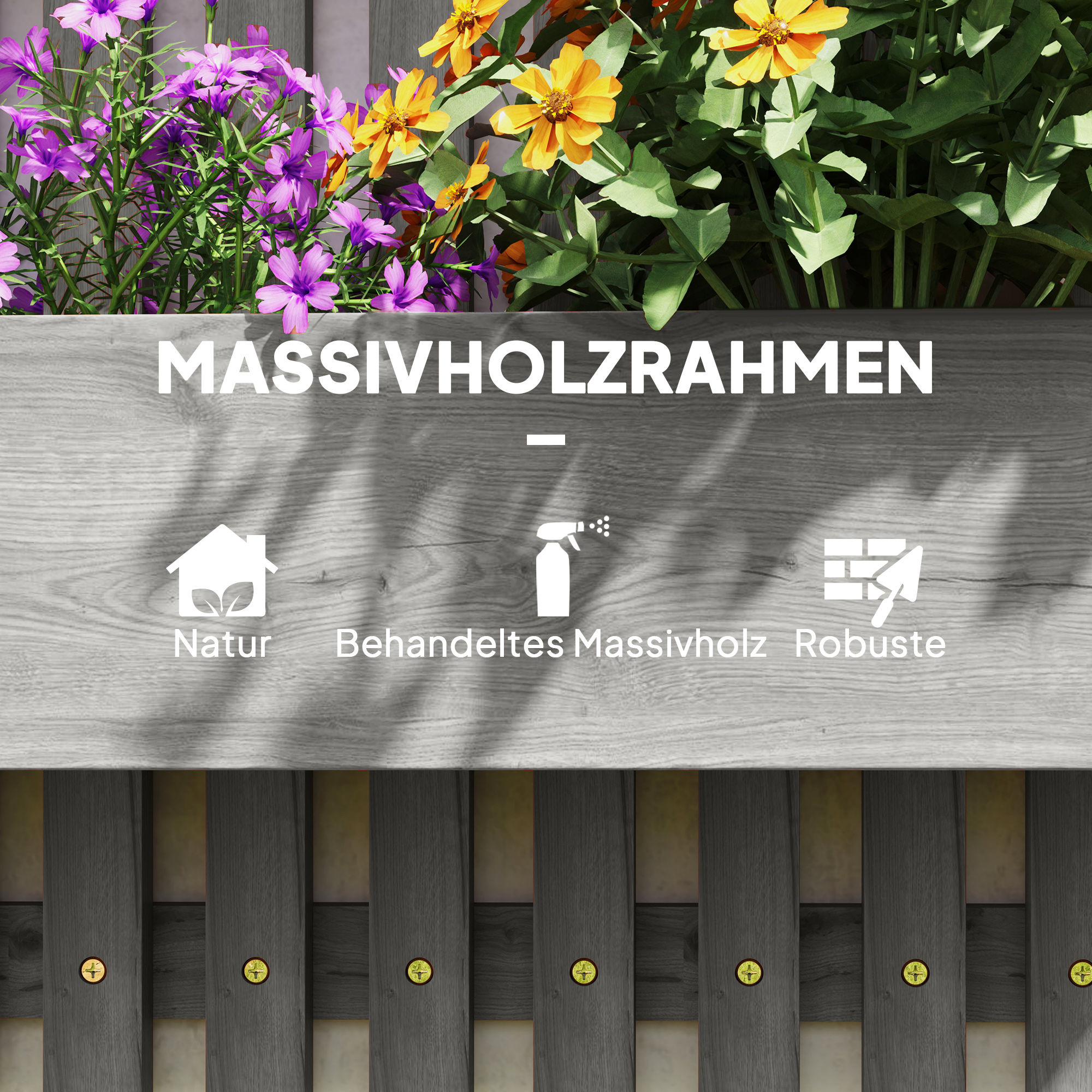 Blumenkasten-Set, Wandmontage, frei versetzbar, Massivholz, 60 x 16 x 80 cm