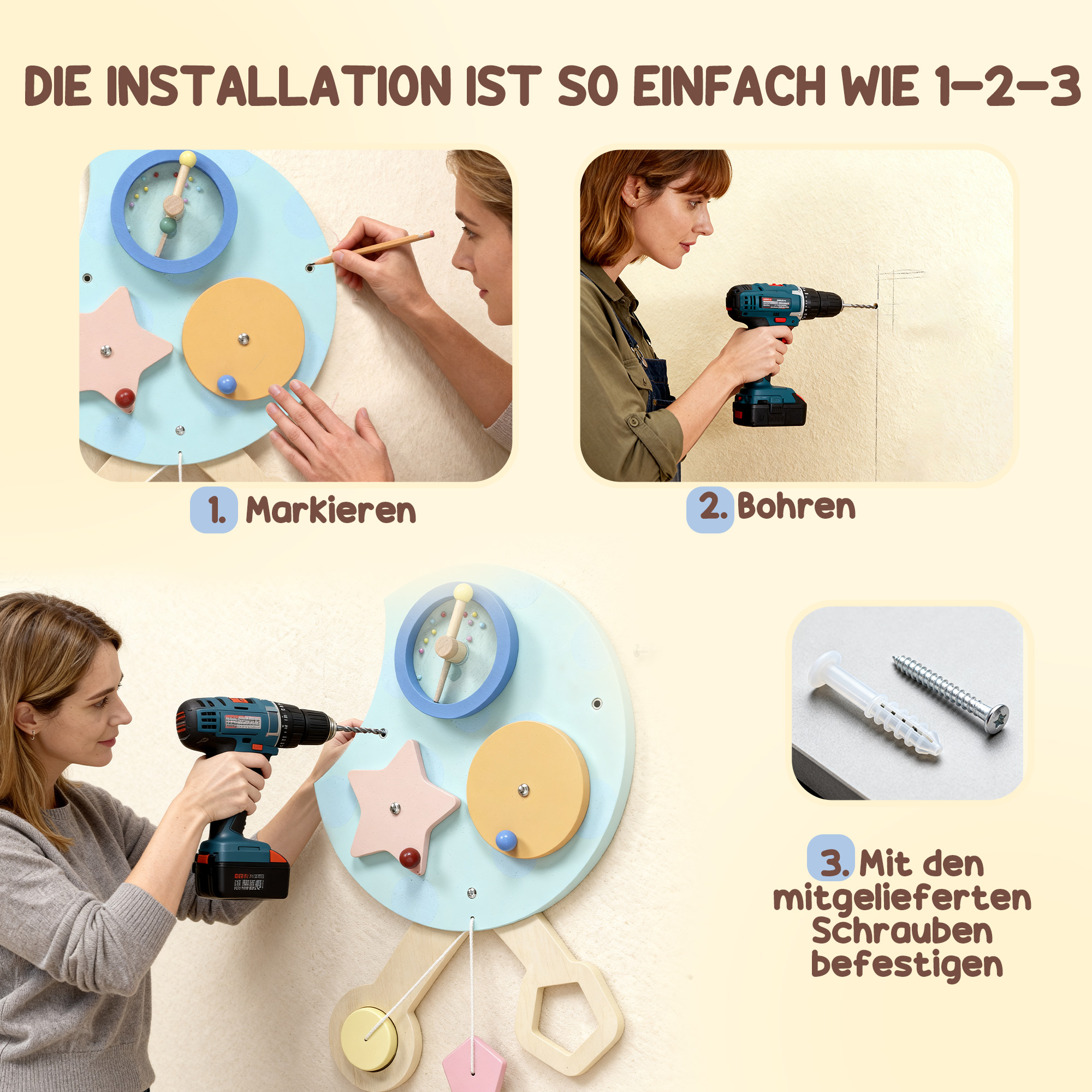 7-in-1 Wandspielzeug, Xylophon, Zahnräder, Raupen-Design, MDF, 108 cm, Bunt