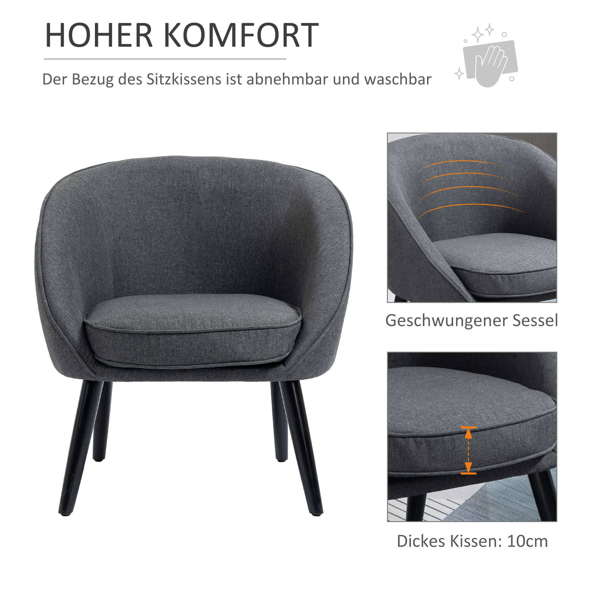 Loungesessel Cocktailsessel bis 150 kg, Leinen-Optik Holz Grau 71 x 65 x 75 cm