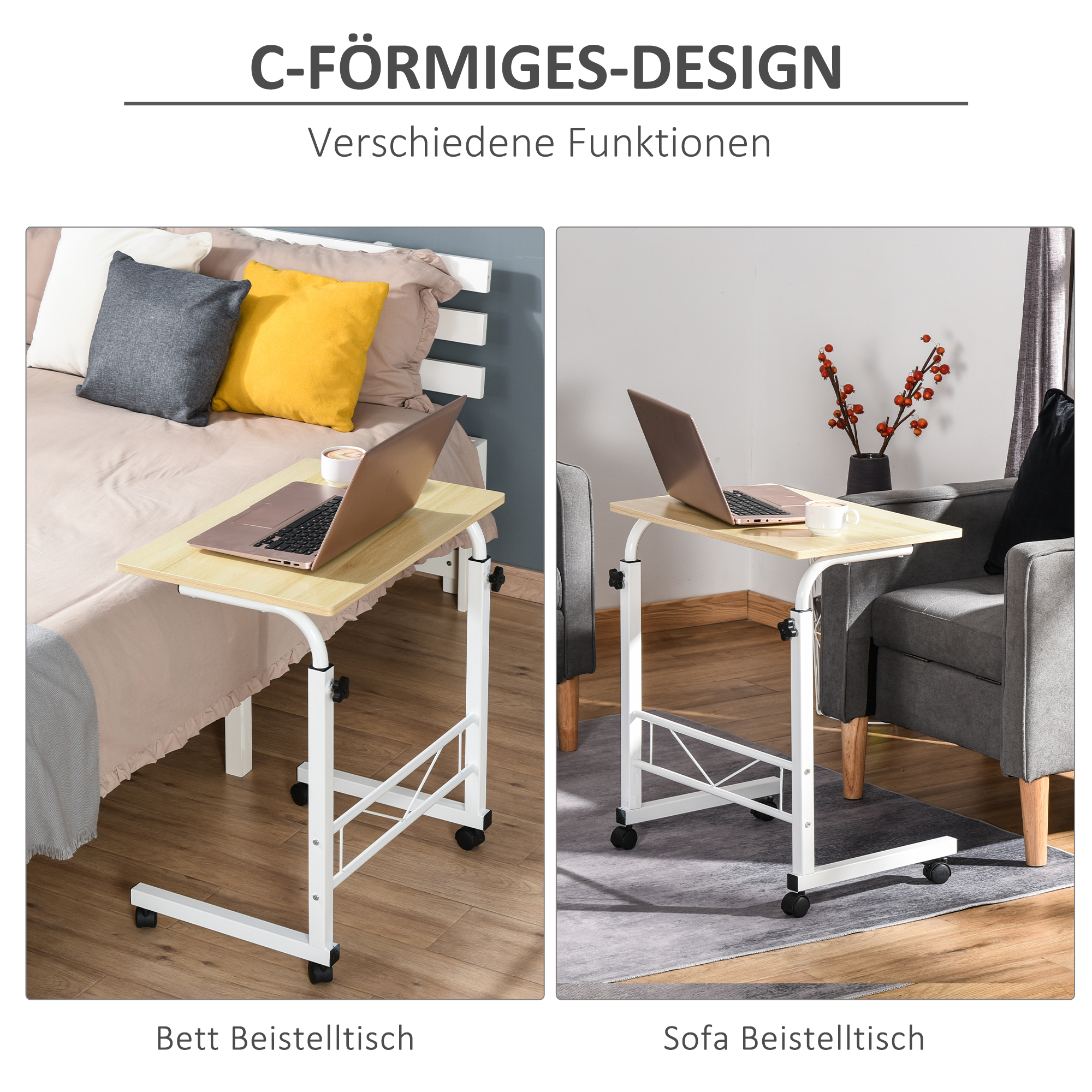 Beistelltisch höhenverstellbarer Couchtisch mobiler Endschreibtisch mit Rädern Feststellbremsen C-Tische Spanplatte Stahl Eisen Kunststoff Weiße Ahornfarbe 60 x 40 x 68-78 cm