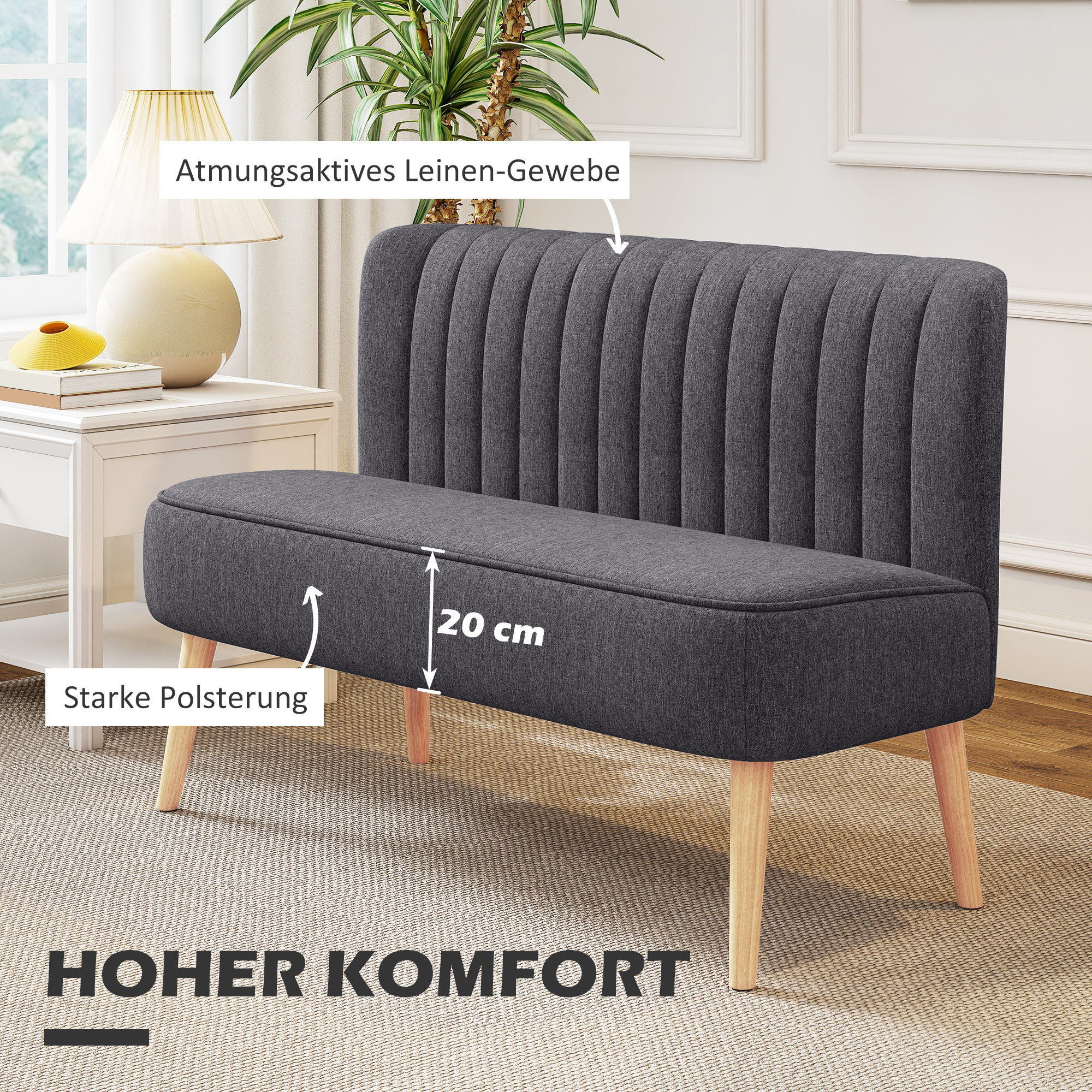 2-Sitzer Sofa, weiche Polsterung, pflegeleichter Bezug, bis 220 kg, 117 x 56,5 x 77 cm, Dunkelgrau